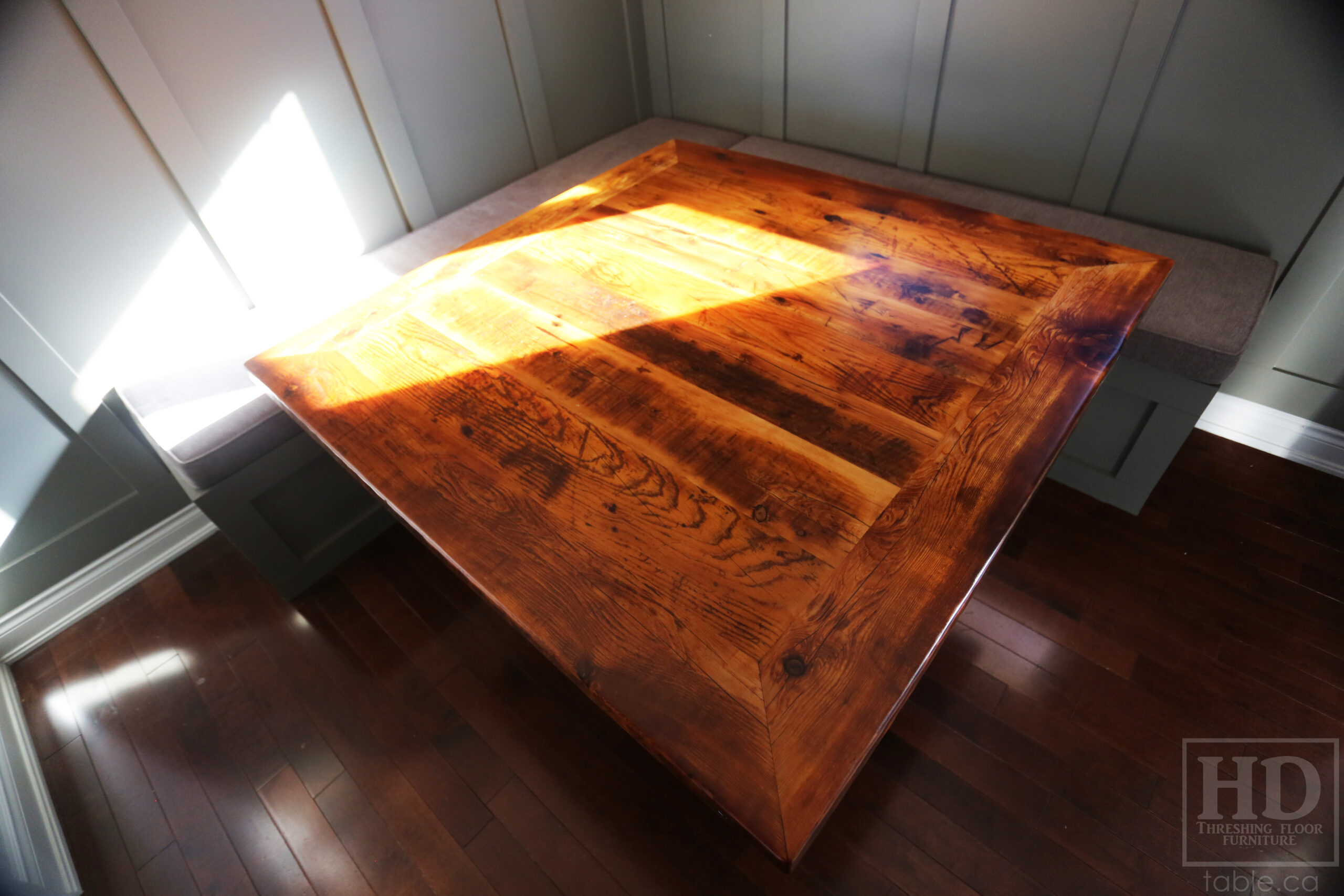 50" x 50" Ontario Barnwood Table we made for a Toronto Company - X Shaped Metal Base - Mitred Corners - Reclaimed Old Growth Hemlock Threshing Floor Construction - Original edges & distressing maintained - Premium epoxy + satin polyurethane finish  - One 18" Leaf Extension - www.table.ca