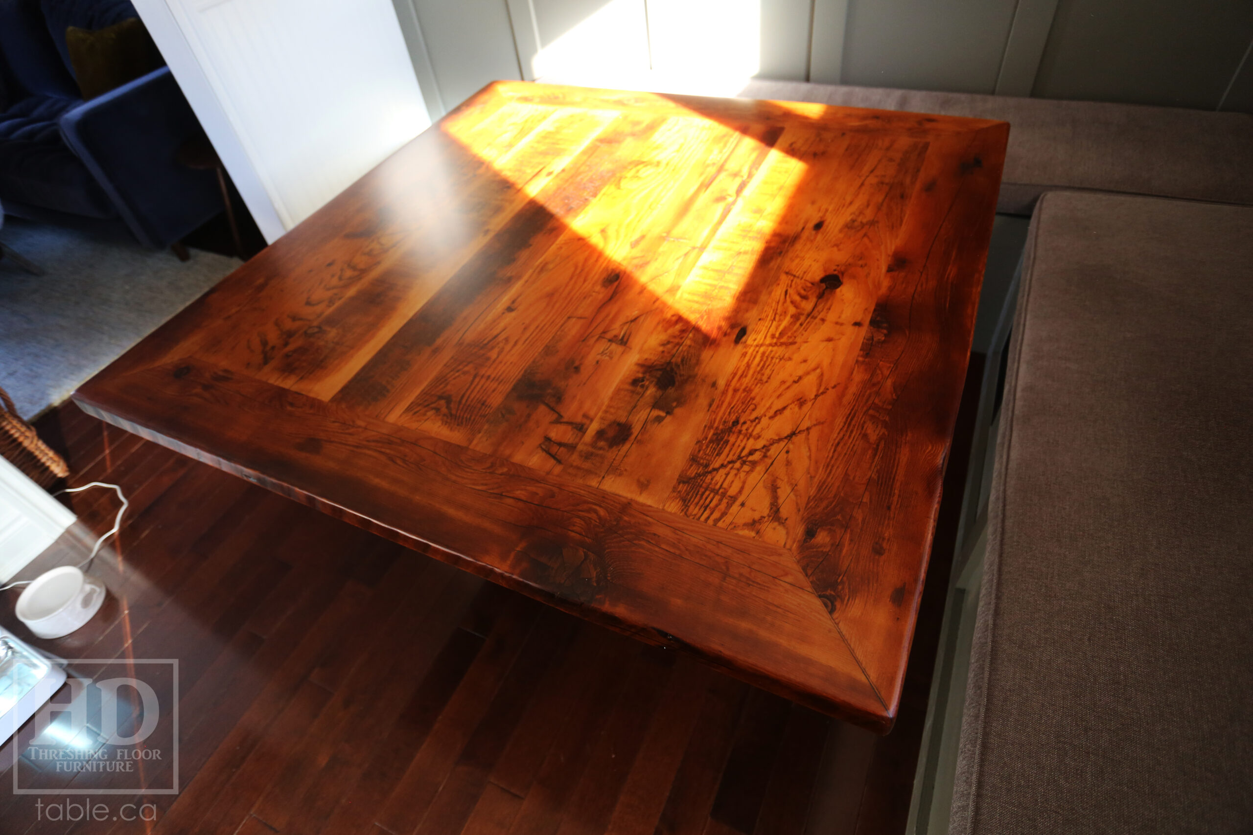 50" x 50" Ontario Barnwood Table we made for a Toronto Company - X Shaped Metal Base - Mitred Corners - Reclaimed Old Growth Hemlock Threshing Floor Construction - Original edges & distressing maintained - Premium epoxy + satin polyurethane finish  - One 18" Leaf Extension - www.table.ca