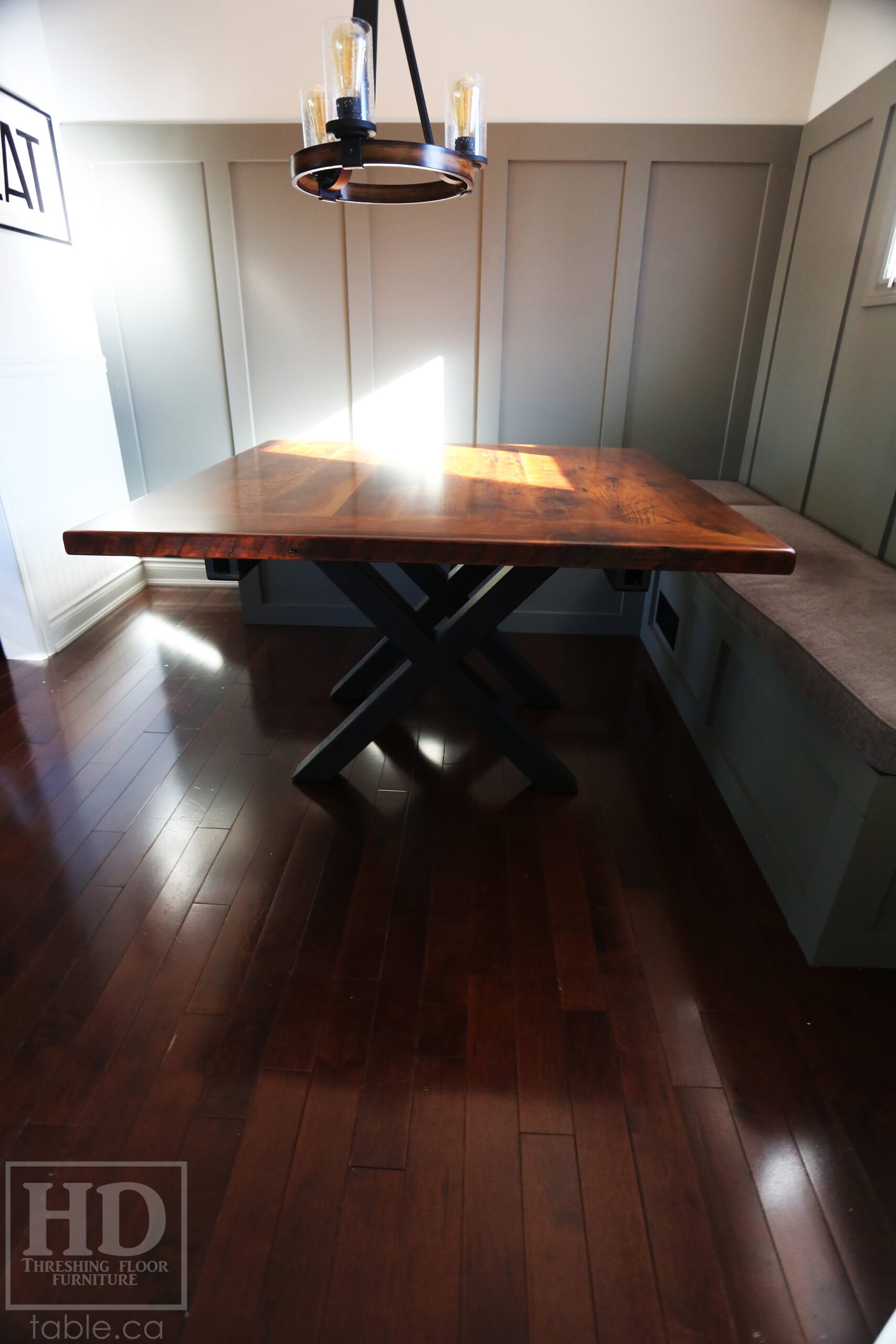 50" x 50" Ontario Barnwood Table we made for a Toronto Company - X Shaped Metal Base - Mitred Corners - Reclaimed Old Growth Hemlock Threshing Floor Construction - Original edges & distressing maintained - Premium epoxy + satin polyurethane finish  - One 18" Leaf Extension - www.table.ca