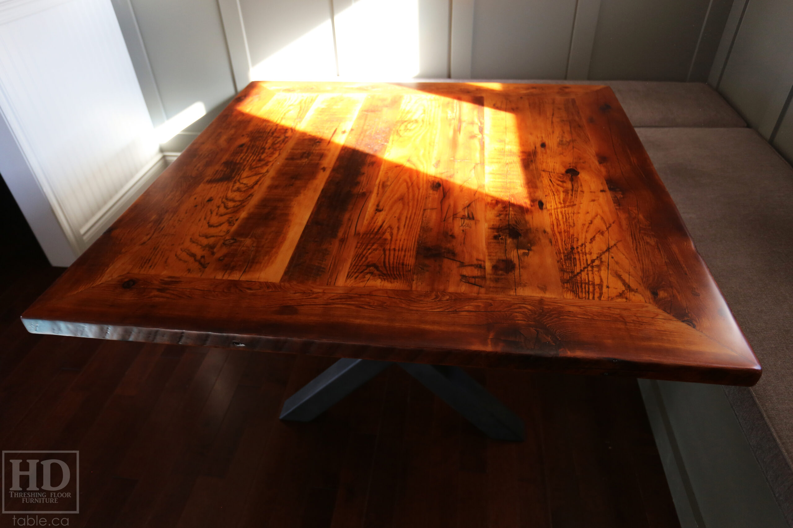 50" x 50" Ontario Barnwood Table we made for a Toronto Company - X Shaped Metal Base - Mitred Corners - Reclaimed Old Growth Hemlock Threshing Floor Construction - Original edges & distressing maintained - Premium epoxy + satin polyurethane finish  - One 18" Leaf Extension - www.table.ca