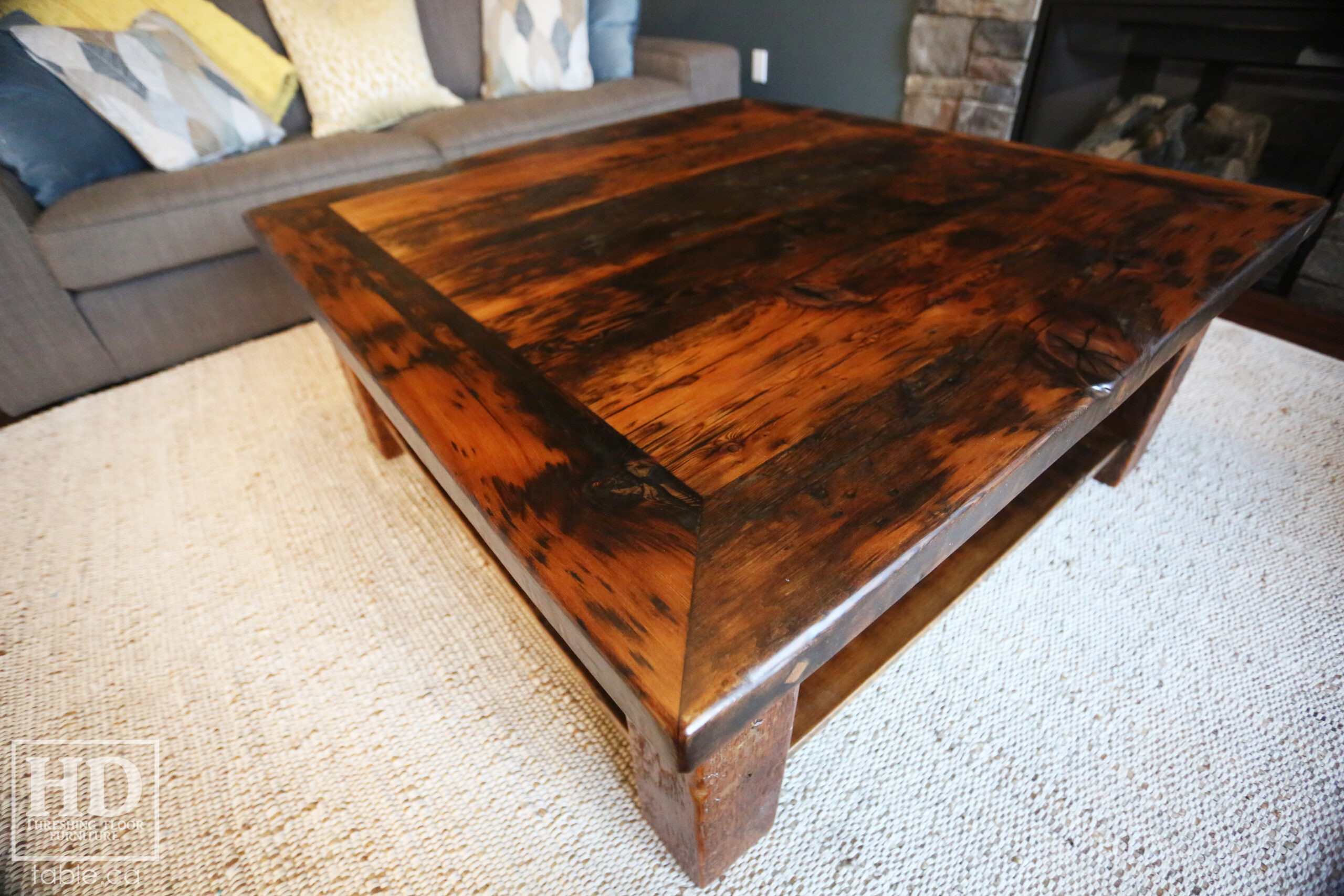 44" x 44" Ontario Barnwood Coffee Table we made for a Guelph home - 18" height - Old Growth Reclaimed Hemlock Threshing Floor Construction - Straight 4"x4" Windbrace Beam Legs -  Bottom 1" Grainery Board Shelf - Original edges & distressing maintained - Premium epoxy + matte polyurethane finish - www.table.ca