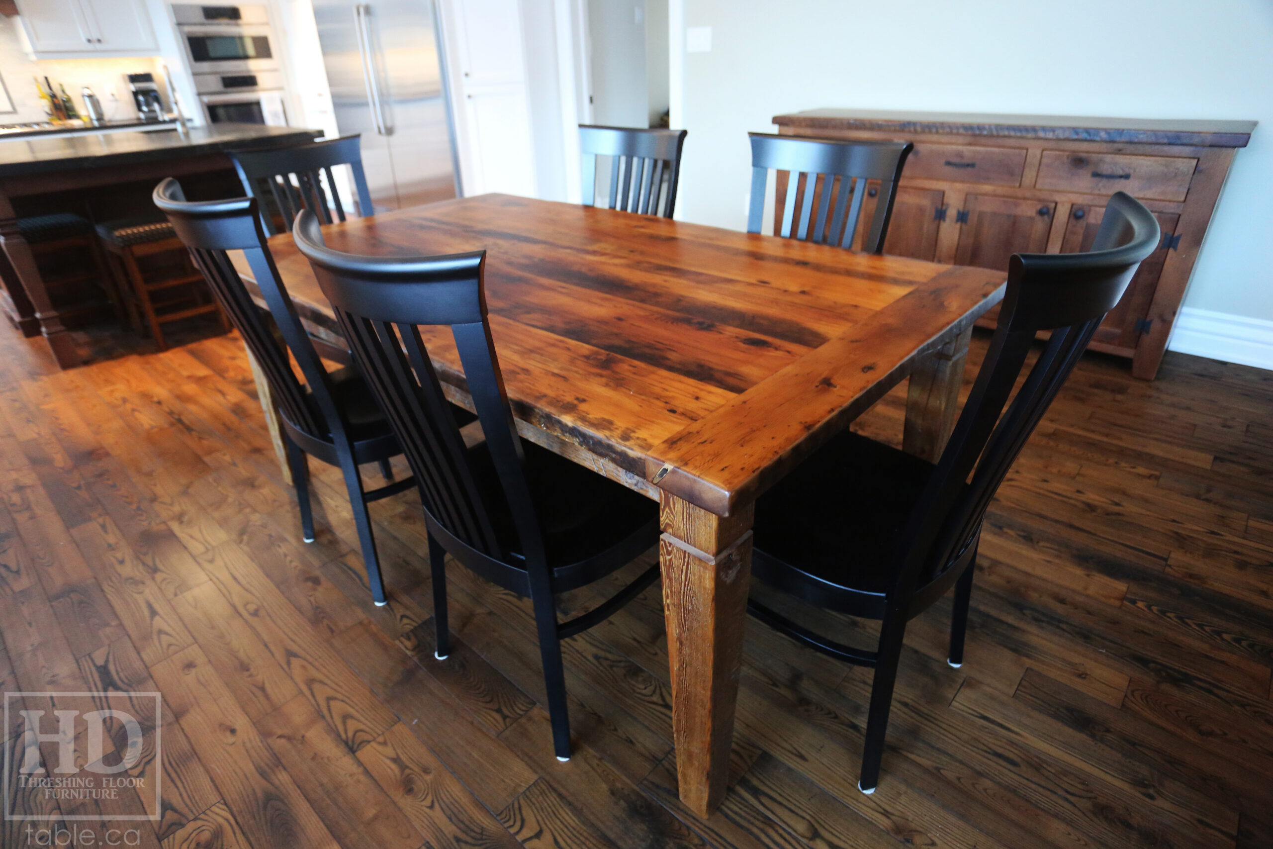 72" Reclaimed Ontario Barnwood Table we made for a St. George home - 42" deep - Harvest Base: Tapered Windbrace Beam Legs Option - Old Growth Hemlock Threshing Floor Construction - Original edges & distressing maintained - Premium epoxy + matte polyurethane finish - Two 18" Leaf Extensions [making total length 9' when extended] - 6 Athena Chairs / Wormy Maple / Painted Solid Black - www.table.ca