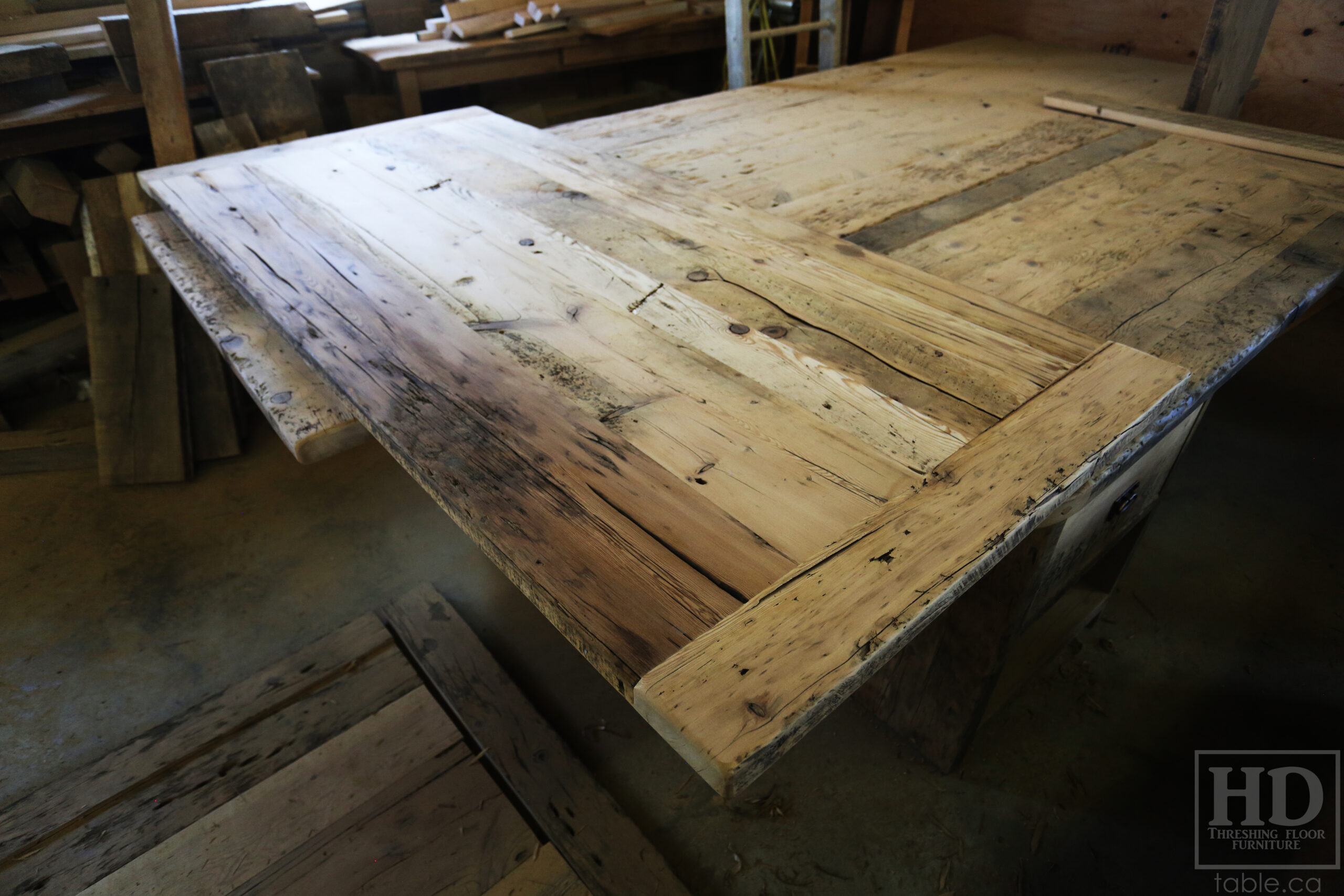 84" 3/4" x 38 3/4" Reclaimed Wood Top - 2" Ontario Barnwood Hemlock Threshing Floor Construction - Original edges & distressing maintained - Bread Board Ends - Premium epoxy + satin polyurethane finish / www.table.ca