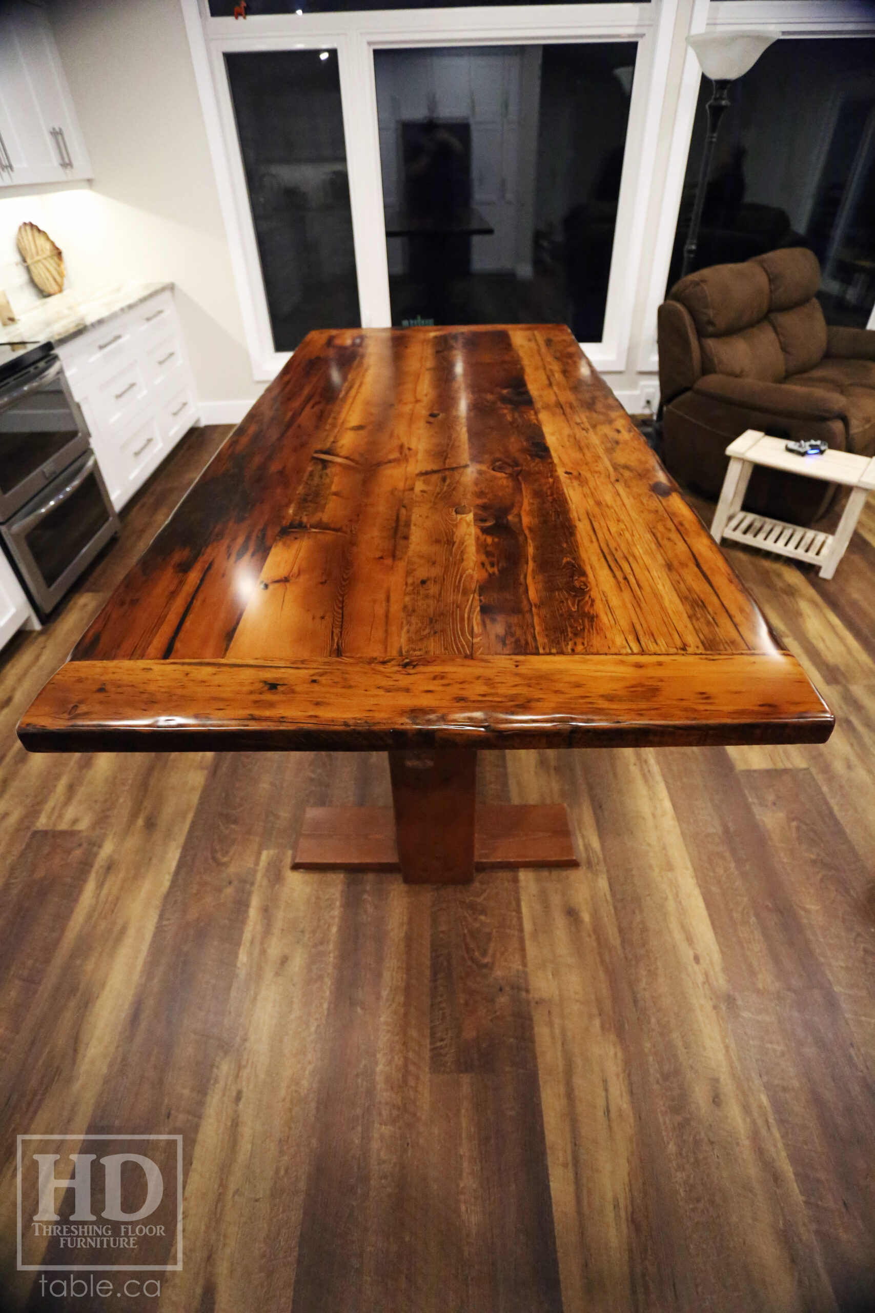 84" 3/4" x 38 3/4" Reclaimed Wood Top - 2" Ontario Barnwood Hemlock Threshing Floor Construction - Original edges & distressing maintained - Bread Board Ends - Premium epoxy + satin polyurethane finish / www.table.ca