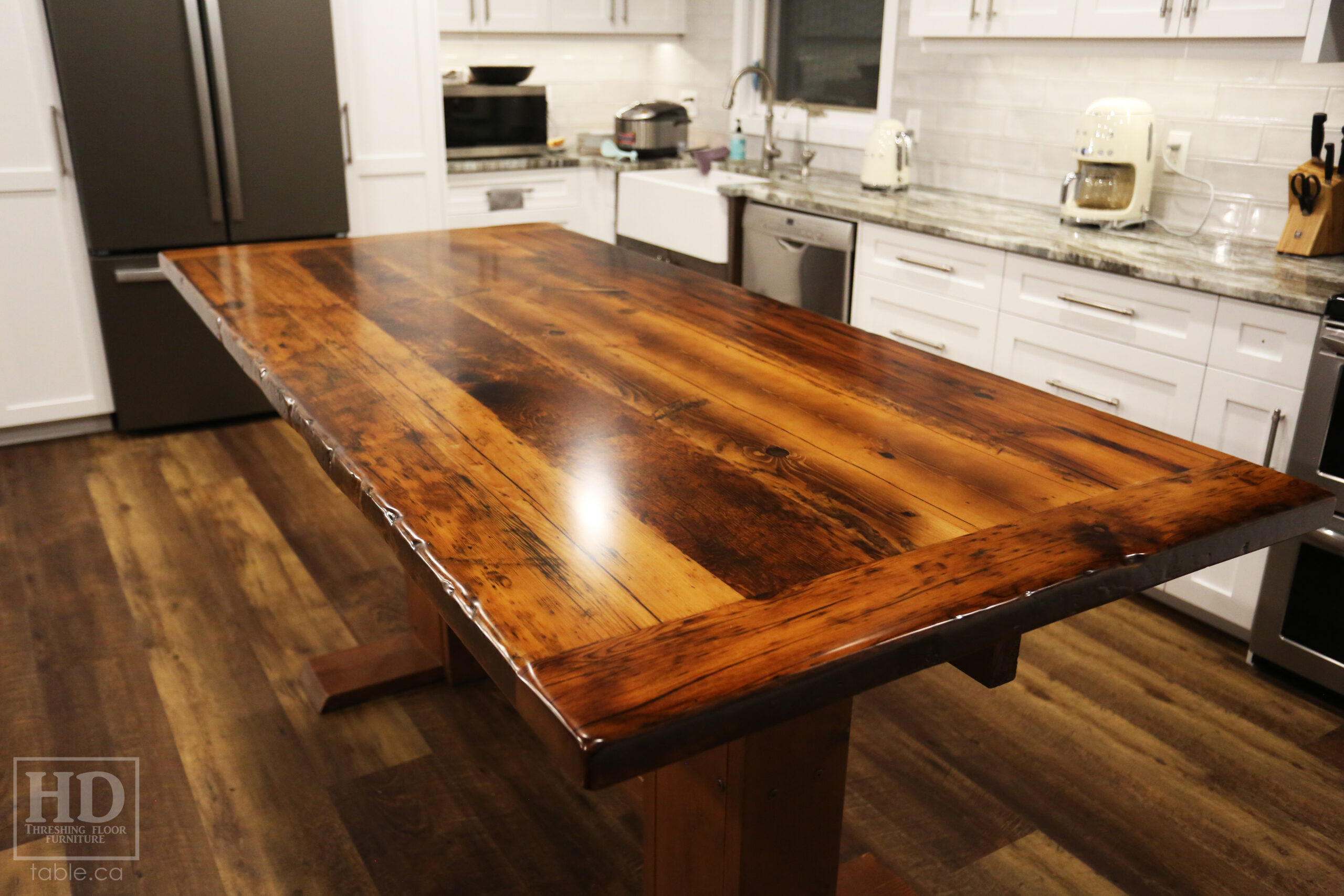 84" 3/4" x 38 3/4" Reclaimed Wood Top - 2" Ontario Barnwood Hemlock Threshing Floor Construction - Original edges & distressing maintained - Bread Board Ends - Premium epoxy + satin polyurethane finish / www.table.ca