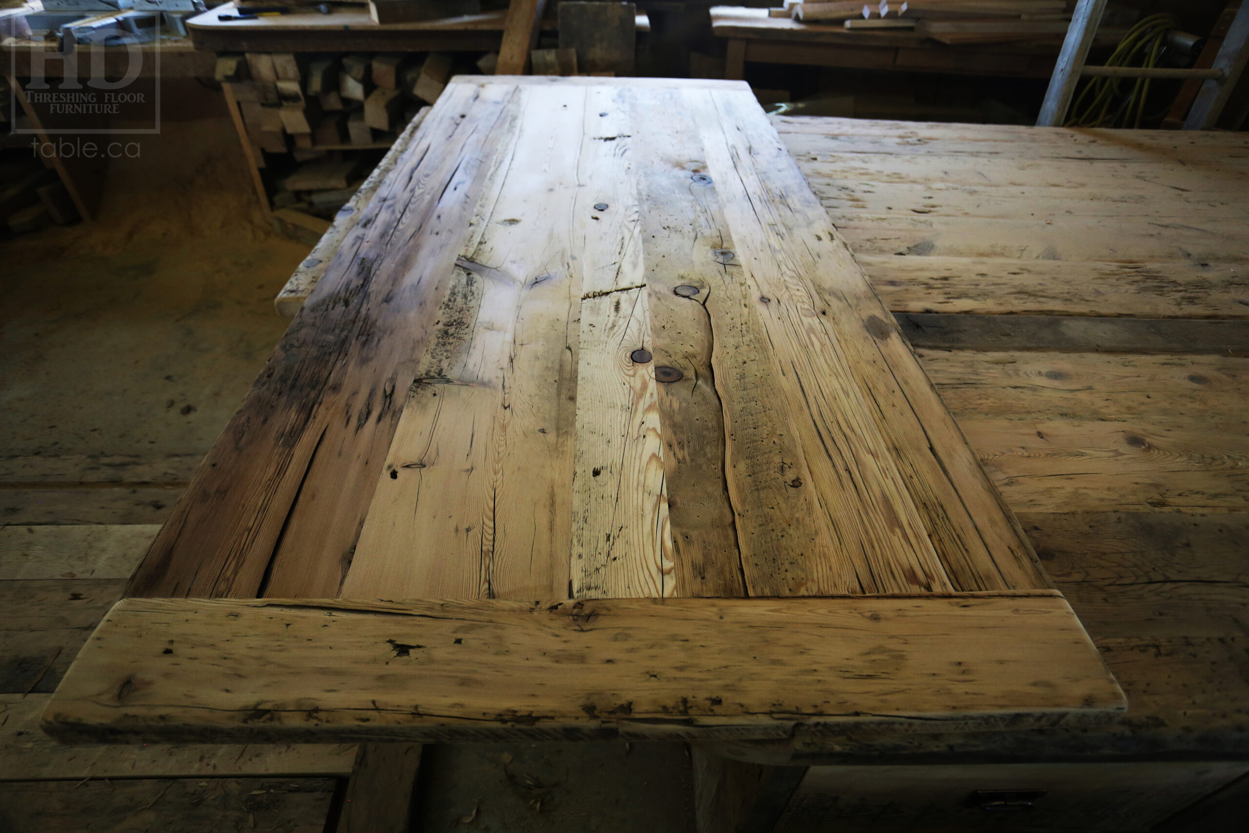84" 3/4" x 38 3/4" Reclaimed Wood Top - 2" Ontario Barnwood Hemlock Threshing Floor Construction - Original edges & distressing maintained - Bread Board Ends - Premium epoxy + satin polyurethane finish / www.table.ca