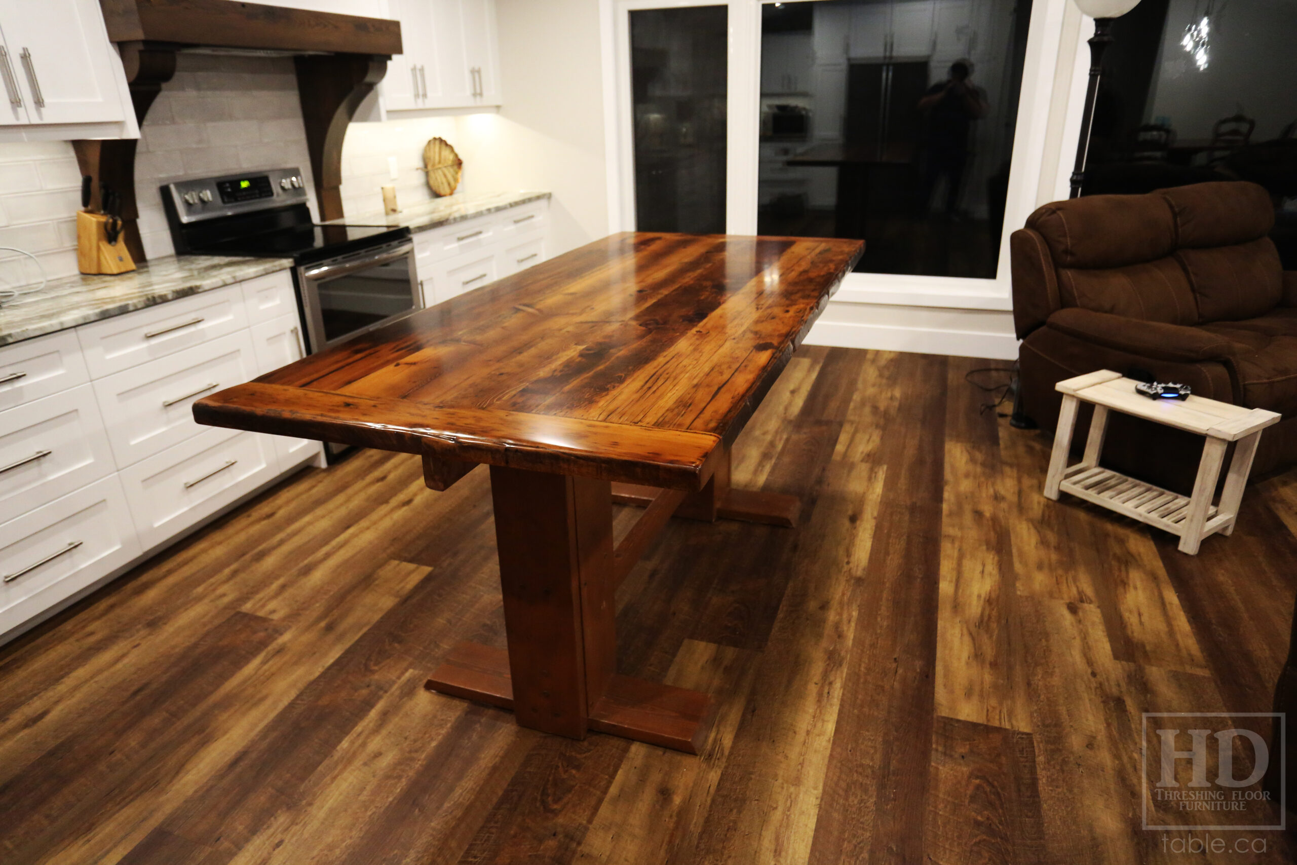 84" 3/4" x 38 3/4" Reclaimed Wood Top - 2" Ontario Barnwood Hemlock Threshing Floor Construction - Original edges & distressing maintained - Bread Board Ends - Premium epoxy + satin polyurethane finish / www.table.ca