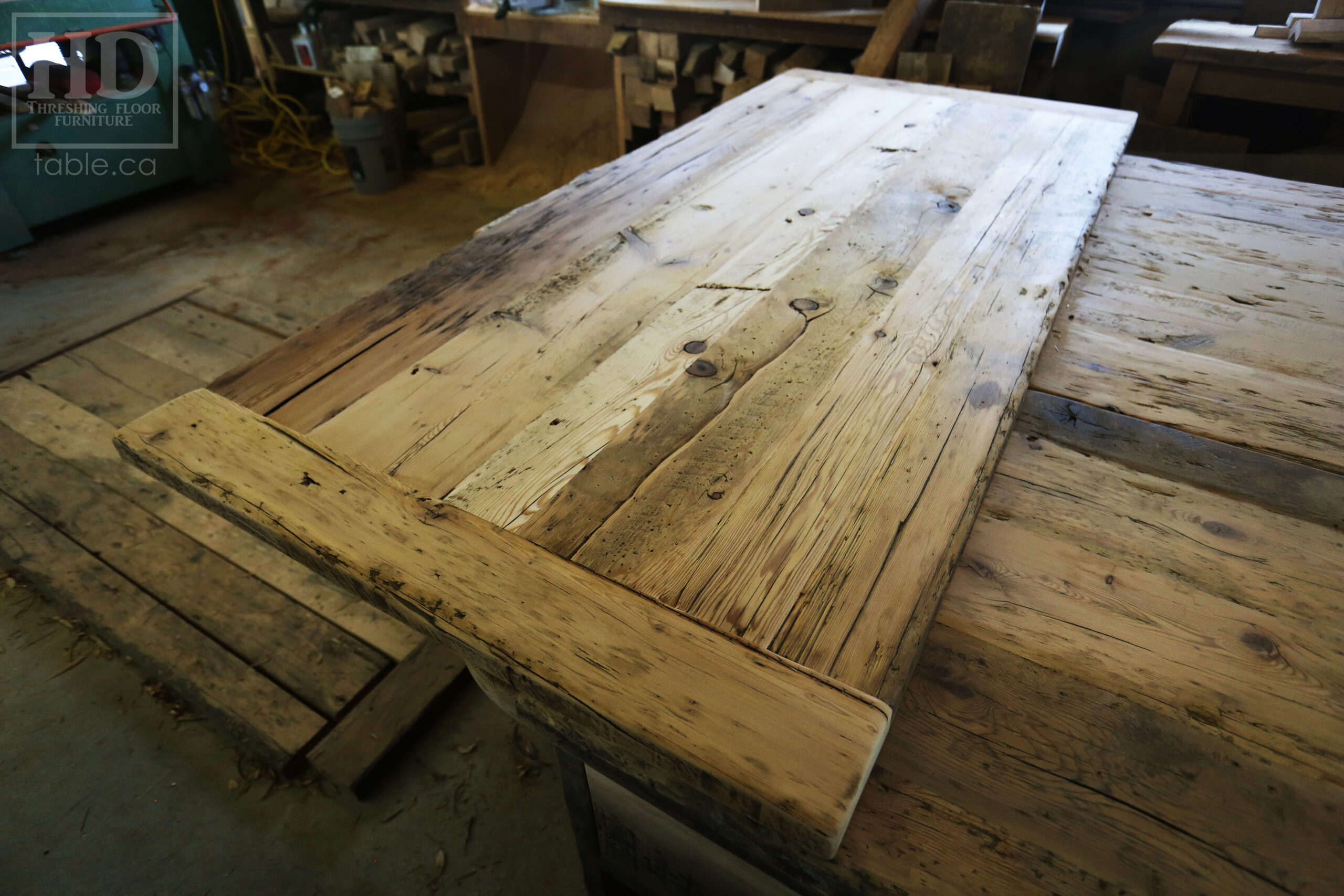 84" 3/4" x 38 3/4" Reclaimed Wood Top - 2" Ontario Barnwood Hemlock Threshing Floor Construction - Original edges & distressing maintained - Bread Board Ends - Premium epoxy + satin polyurethane finish / www.table.ca