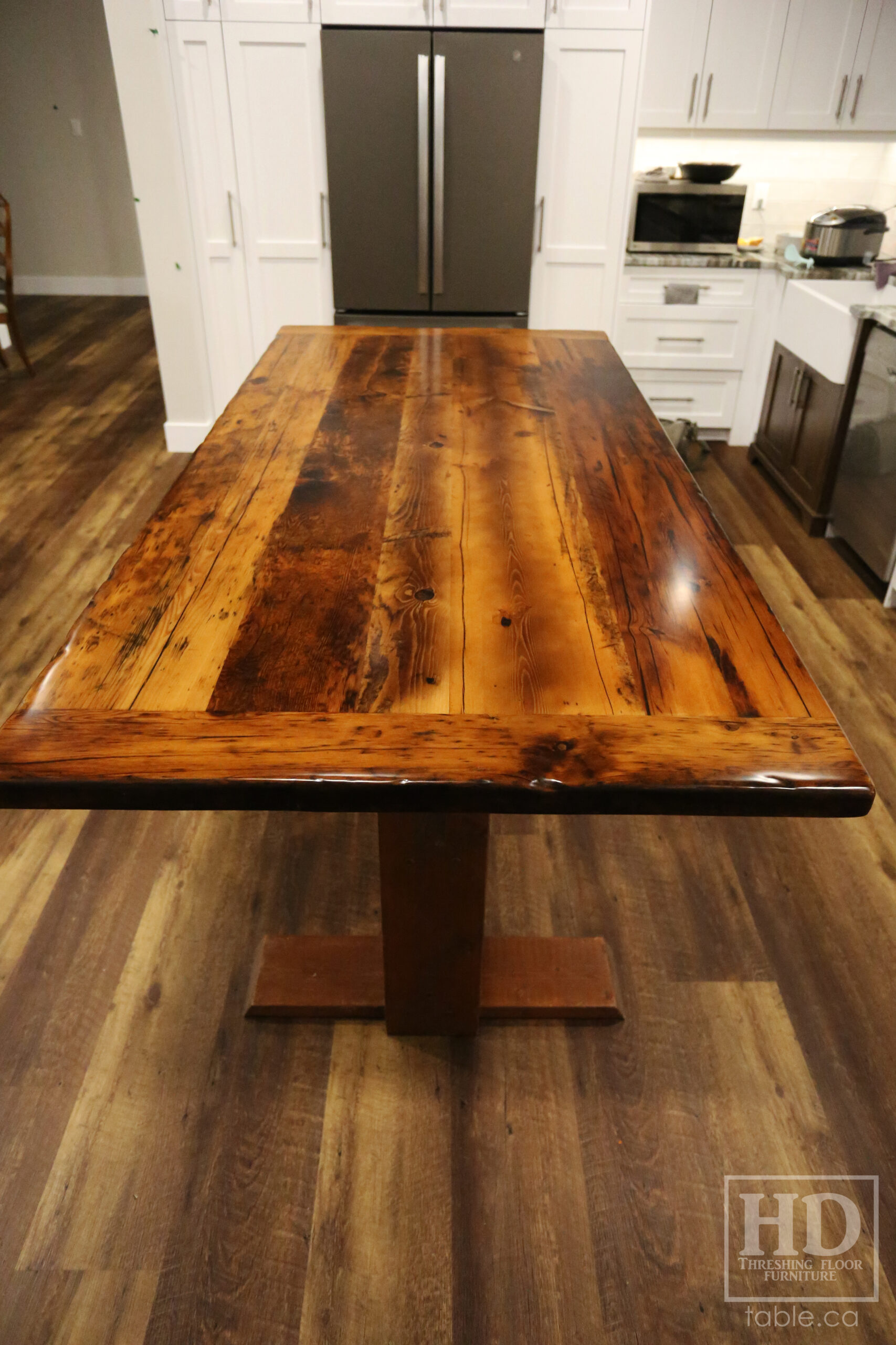 84" 3/4" x 38 3/4" Reclaimed Wood Top - 2" Ontario Barnwood Hemlock Threshing Floor Construction - Original edges & distressing maintained - Bread Board Ends - Premium epoxy + satin polyurethane finish / www.table.ca