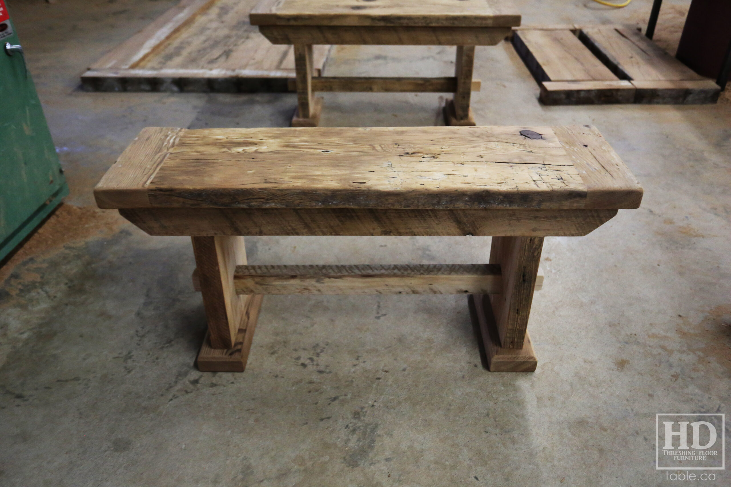 6.5' Reclaimed Sawbuck Table we made for an Orangeville Home - 42" wide - Ontario Barnwood Old Growth Hemlock Threshing Floor Construction - Original edges & distressing maintained - Premium epoxy + matte polyurethane finish - [2] Matching Reclaimed Wood Benches / Trestle Base - [6] Plank Back Chairs / Wormy Maple - Stained Colour of Table / Polyurethane clearcoat finish - www.table.ca