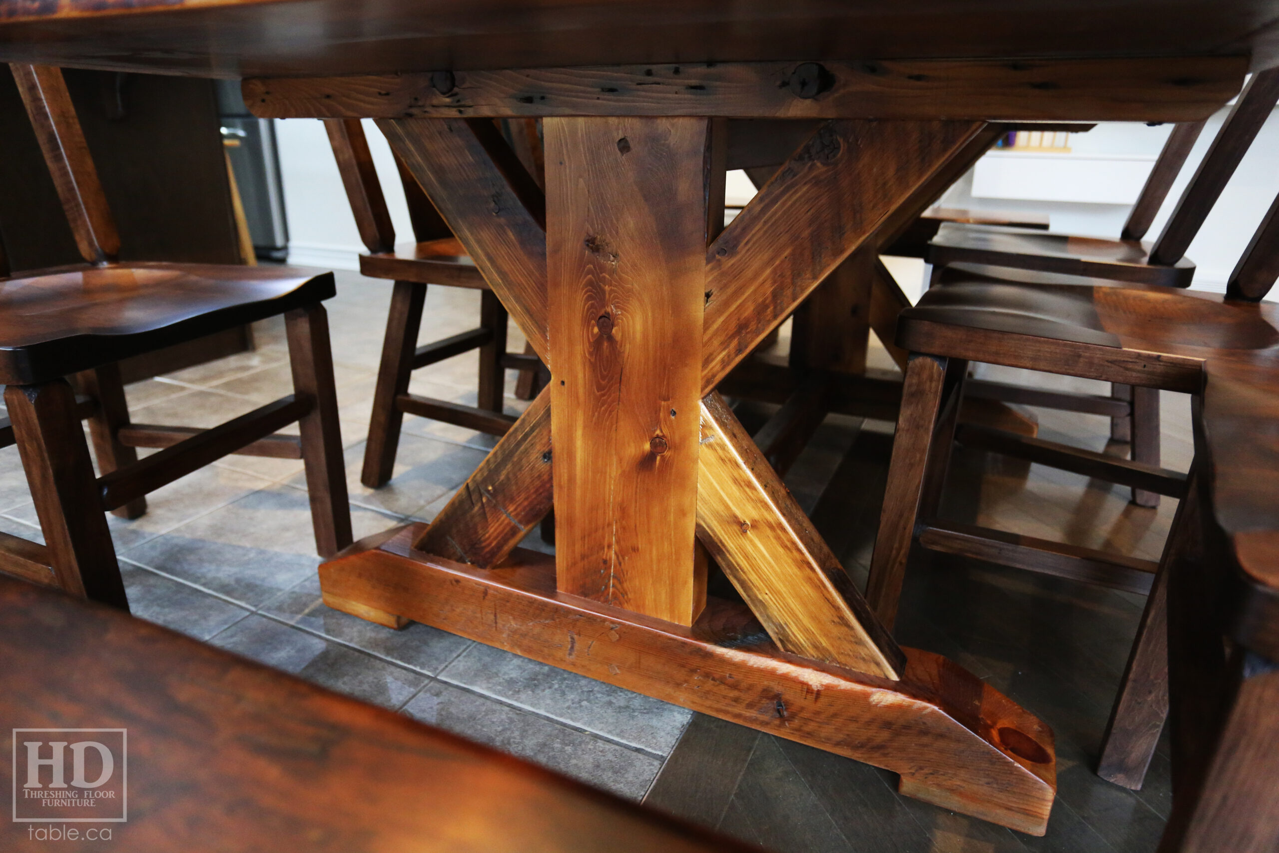 6.5' Reclaimed Sawbuck Table we made for an Orangeville Home - 42" wide - Ontario Barnwood Old Growth Hemlock Threshing Floor Construction - Original edges & distressing maintained - Premium epoxy + matte polyurethane finish - [2] Matching Reclaimed Wood Benches / Trestle Base - [6] Plank Back Chairs / Wormy Maple - Stained Colour of Table / Polyurethane clearcoat finish - www.table.ca