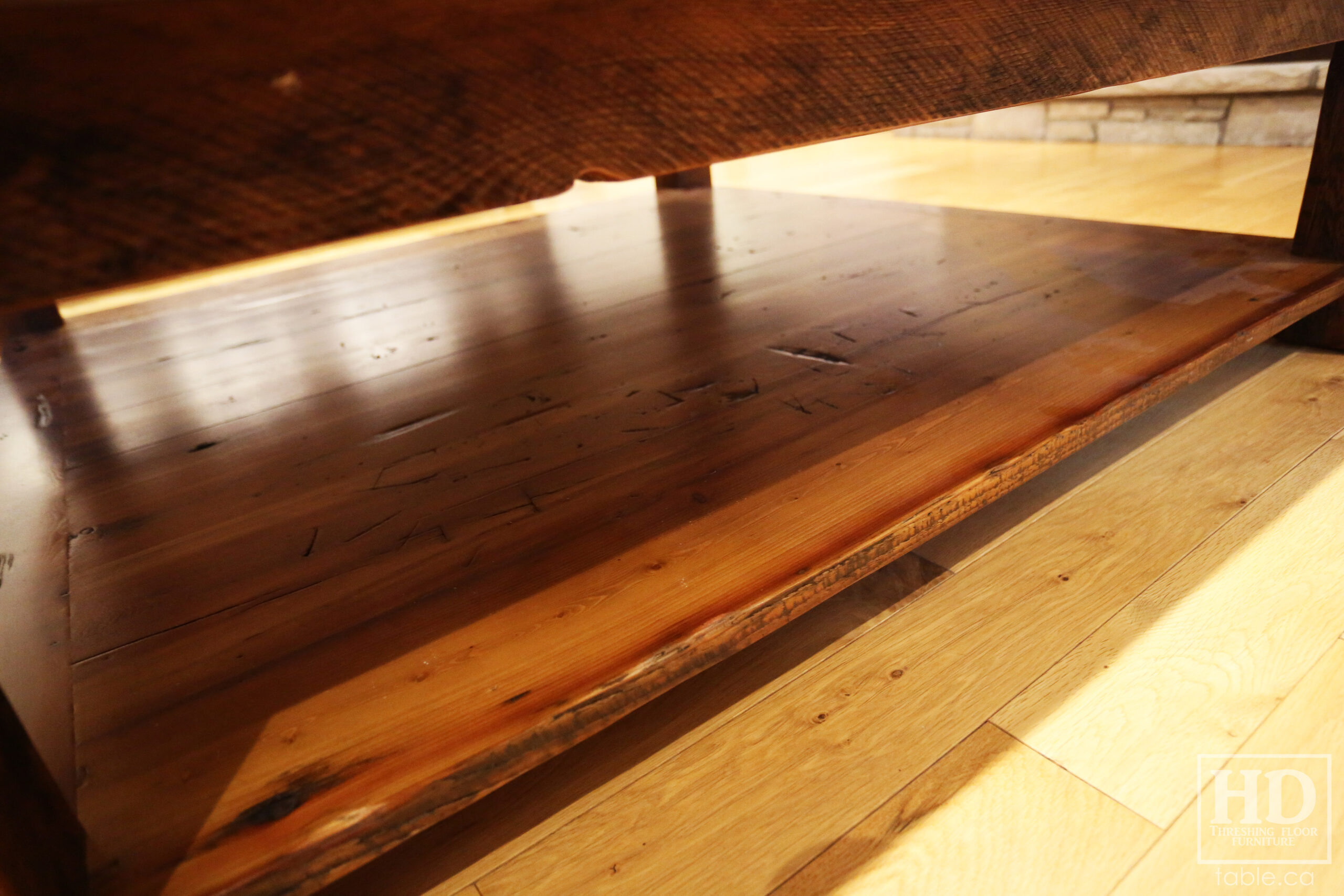 5'x5' Ontario Barnwood Coffee Table we made for a London home - 18" height - Old Growth Reclaimed Hemlock Threshing Floor Construction - Straight 4"x4" Windbrace Beam Legs -  Bottom 1" Grainery Board Shelf - Original edges & distressing maintained - Premium epoxy + satin polyurethane finish - www.table.ca