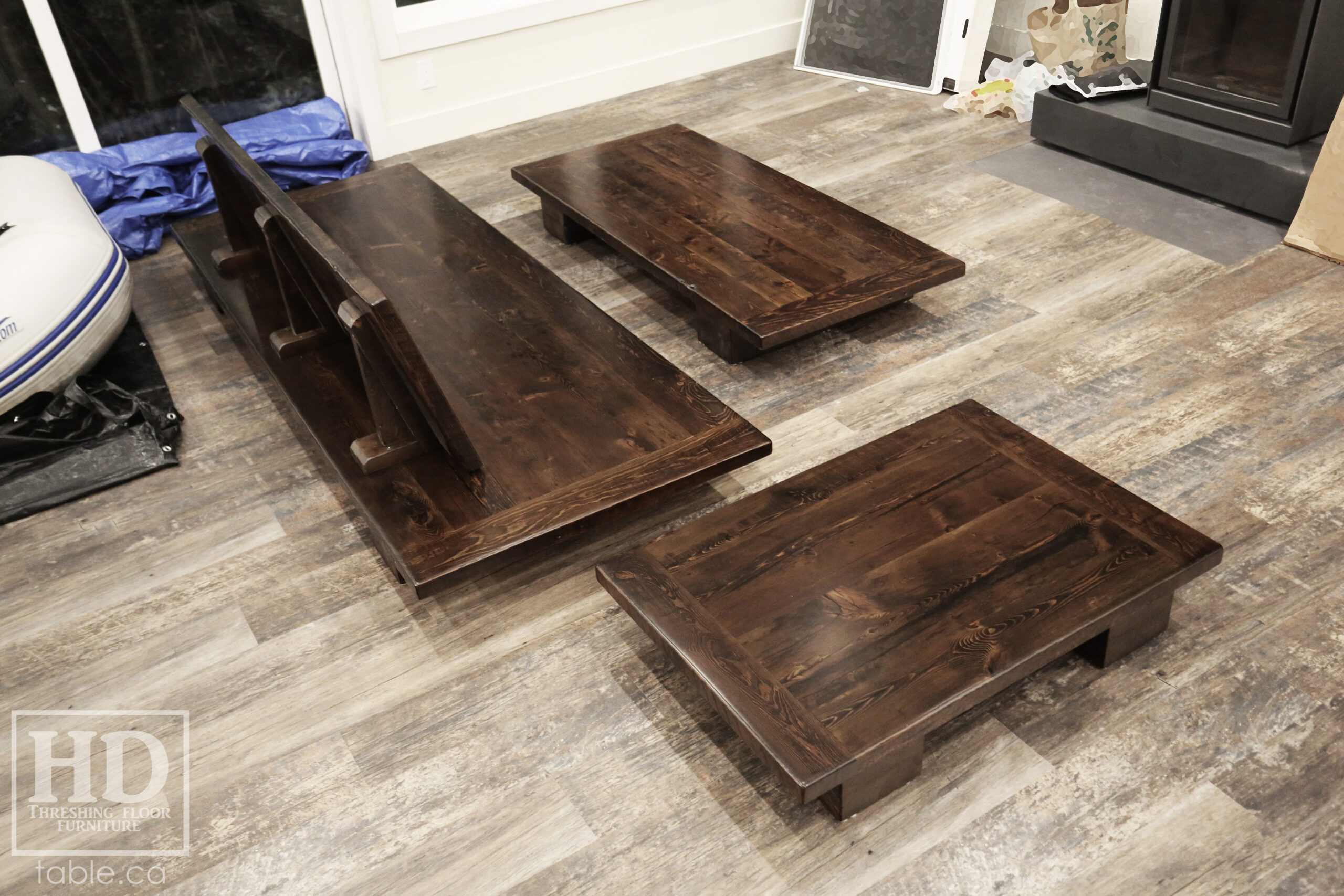 Ontario Barnwood Platform Style Coffee Tables we made for a Parry Sound home - 42"  x29" & 5'6" x 29" - 8" height  - Reclaimed Old Growth Hemlock Threshing Floor Construction - Original edges & distressing maintained - Black Stain Option - Premium epoxy + satin polyurethane finish - www.table.ca