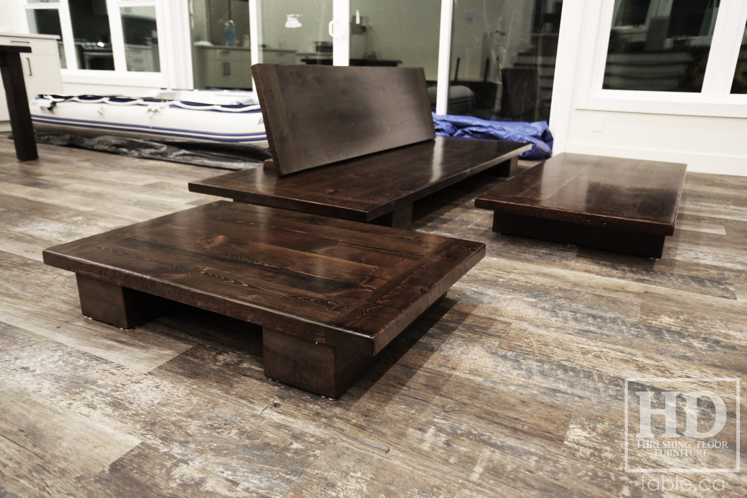 Ontario Barnwood Platform Style Coffee Tables we made for a Parry Sound home - 42"  x29" & 5'6" x 29" - 8" height  - Reclaimed Old Growth Hemlock Threshing Floor Construction - Original edges & distressing maintained - Black Stain Option - Premium epoxy + satin polyurethane finish - www.table.ca