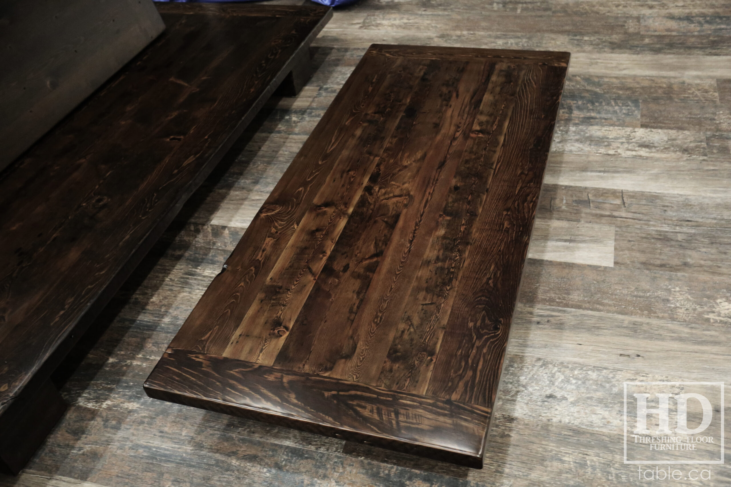 Ontario Barnwood Platform Style Coffee Tables we made for a Parry Sound home - 42" x 29" &  5'6" x 29" - 8" height  - Reclaimed Old Growth Hemlock Threshing Floor Construction - Original edges & distressing maintained - Black Stain Option - Premium epoxy + satin polyurethane finish - www.table.ca