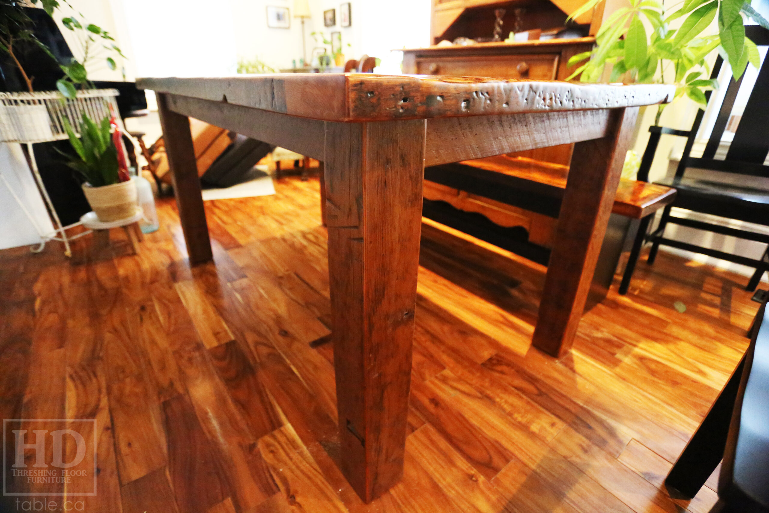 Old Growth Pine Reclaimed [Ontario] Barnwood Table we made for a Mississauga home - 5' length - 42" wide - Harvest Base: Straight 4"x4" [Windbrace] Beam Legs - Pine Threshing Floor Construction - Original edges & distressing maintained - Premium epoxy + satin polyurethane finish - 5' [matching] Plank Base Bench - 4 [Modified Plank Back] Chairs / Wormy Maple / Painted Black / Polyurethane clearcoat finish - www.table.ca