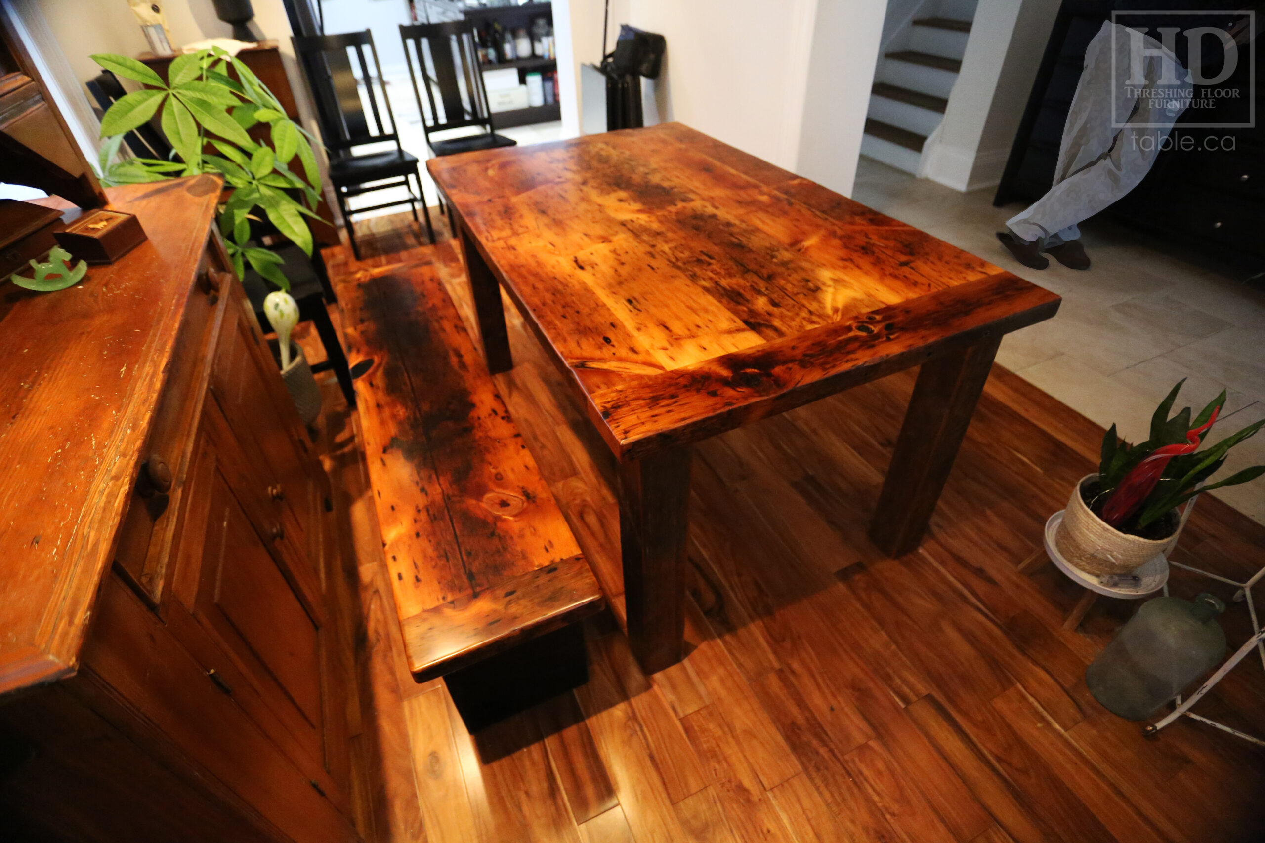 Old Growth Pine Reclaimed [Ontario] Barnwood Table we made for a Mississauga home - 5' length - 42" wide - Harvest Base: Straight 4"x4" Windbrace Beam Legs - Pine Threshing Floor Construction - Original edges & distressing maintained - Premium epoxy + satin polyurethane finish - 5' [matching] Plank Base Bench - 4 Modified Plank Back Chairs / Wormy Maple / Painted Black / Polyurethane clearcoat finish - www.table.ca