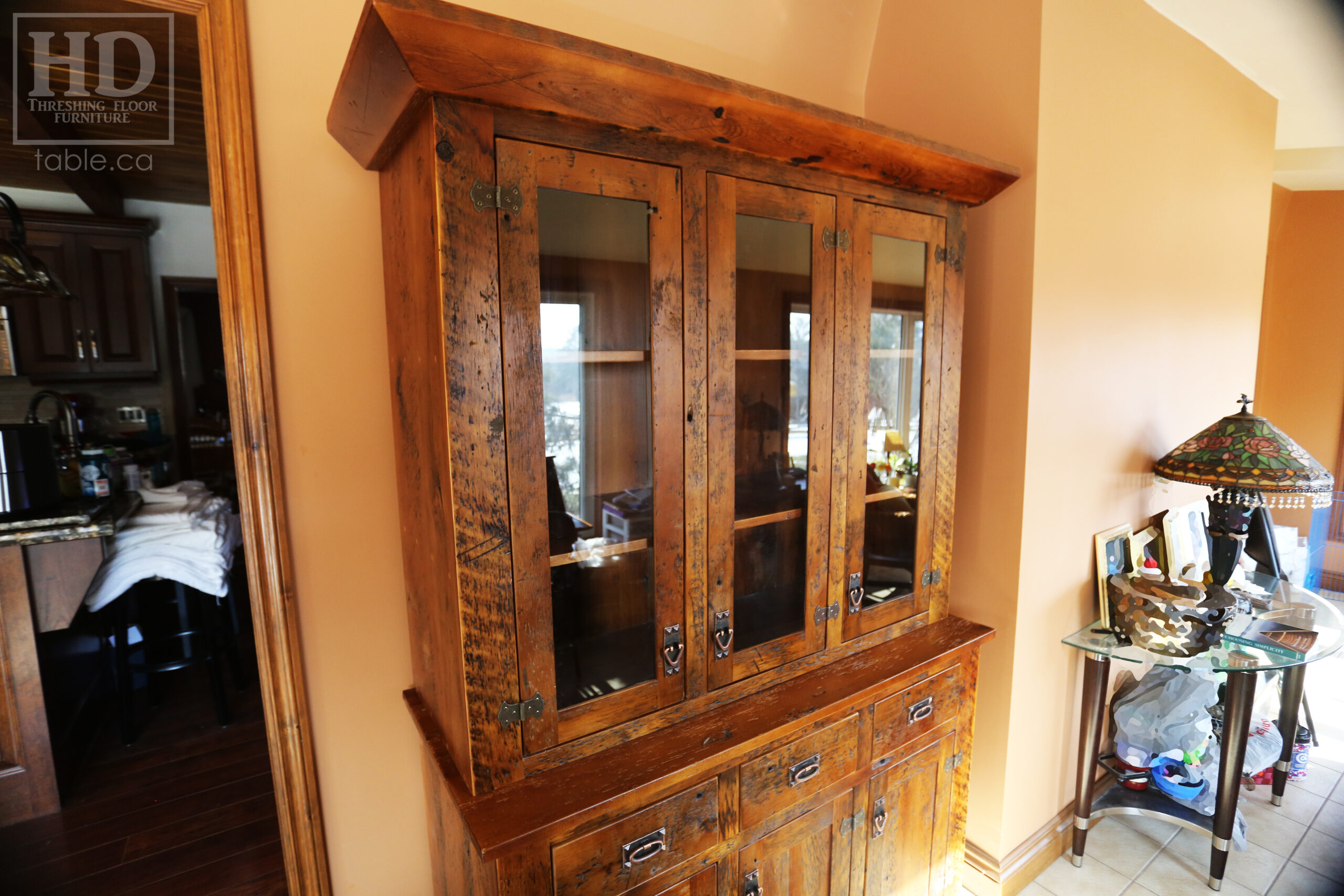 Custom Storage Hutch we made for a Rockwood customer – Reclaimed Hemlock Threshing Floor & Grainery Board Construction – Original edges & distressing maintained – 6 doors – 3 drawers – Polyurethane clearcoat finish – www.table.ca