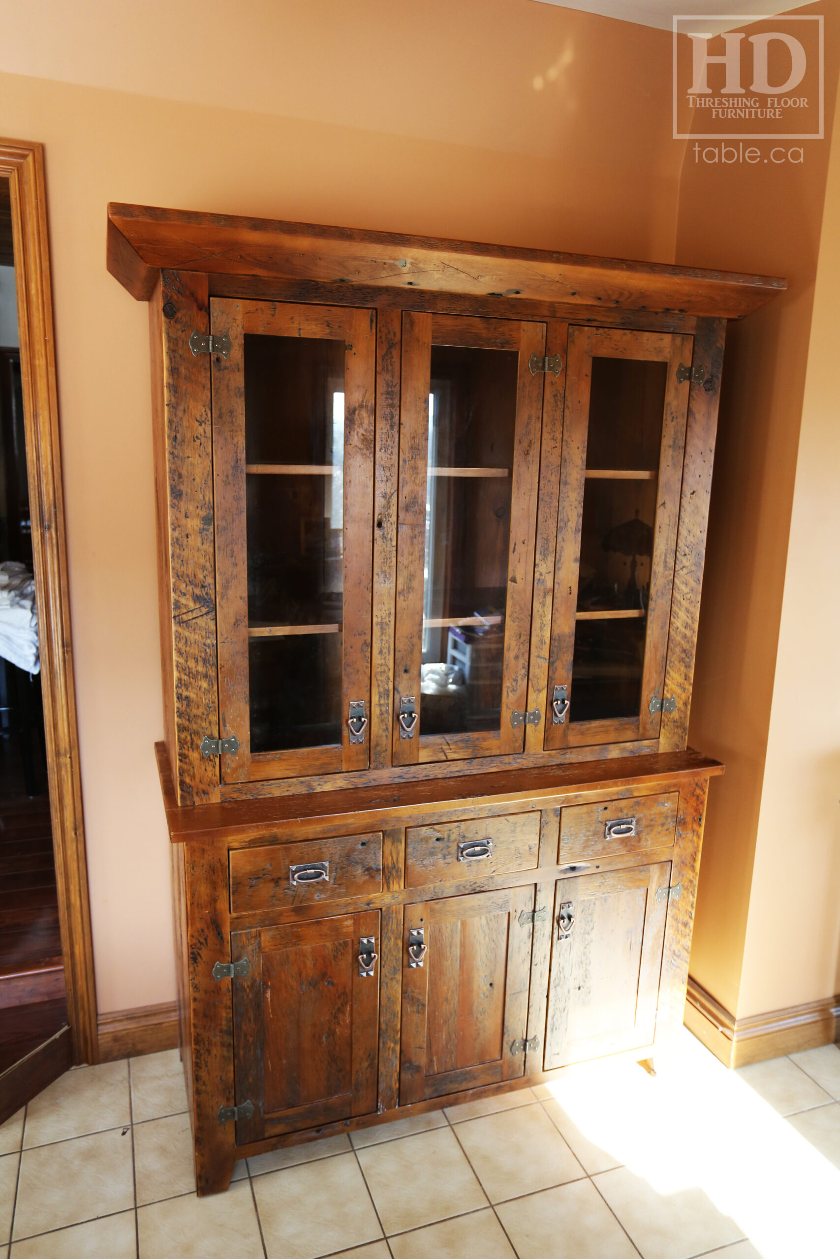 Custom Storage Hutch we made for a Rockwood customer – Reclaimed Hemlock Threshing Floor & Grainery Board Construction – Original edges & distressing maintained – 6 doors – 3 drawers – Polyurethane clearcoat finish – www.table.ca