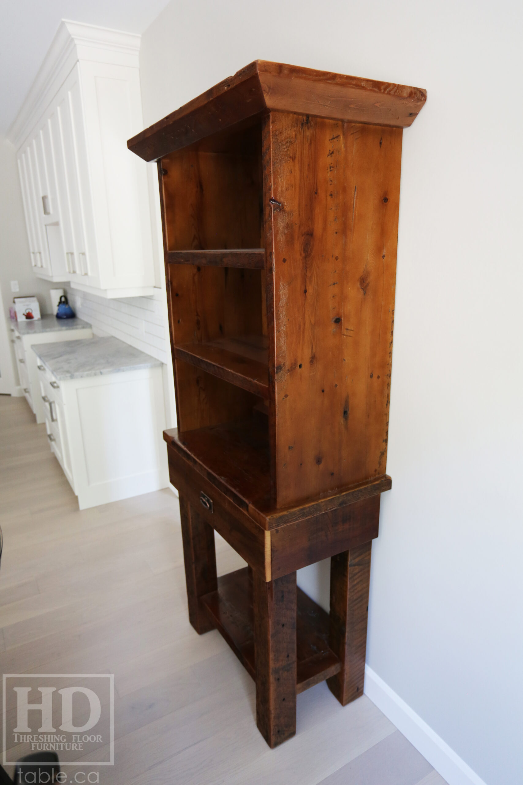 36" Wide Ontario Barnwood Shelving Hutch we made for an Elmwood home - 6 1/2'" height - 18" deep base/ top 16" deep - Reclaimed old growth hemlock grainery board construction - Original pioneer edges + distressing kept - Lee Valley Hardware - Satin polyurethane finish - www.table.ca 