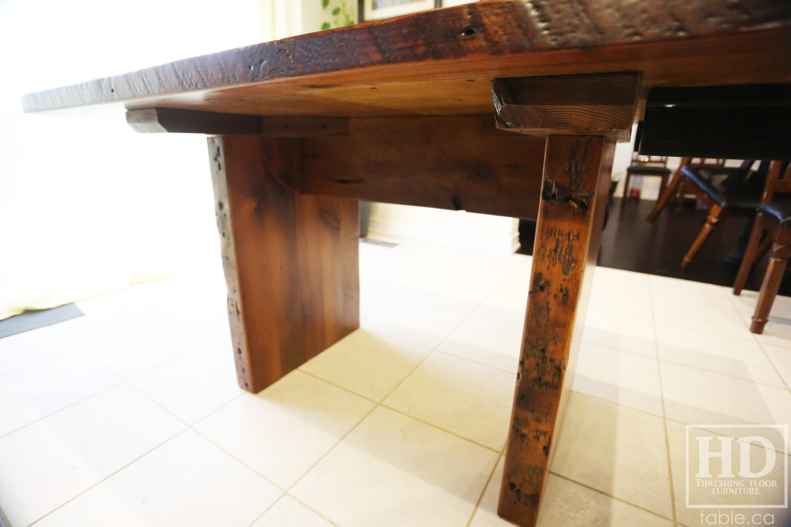 5' Reclaimed Ontario Barnwood Table we made for a Brampton Home - 38" wide - Plank Base Option - Old Growth Hemlock Threshing Floor Construction - Original edges & distressing maintained - Premium epoxy + satin polyurethane finish - No breadboard ends option - One 18" Leaf - www.table.ca