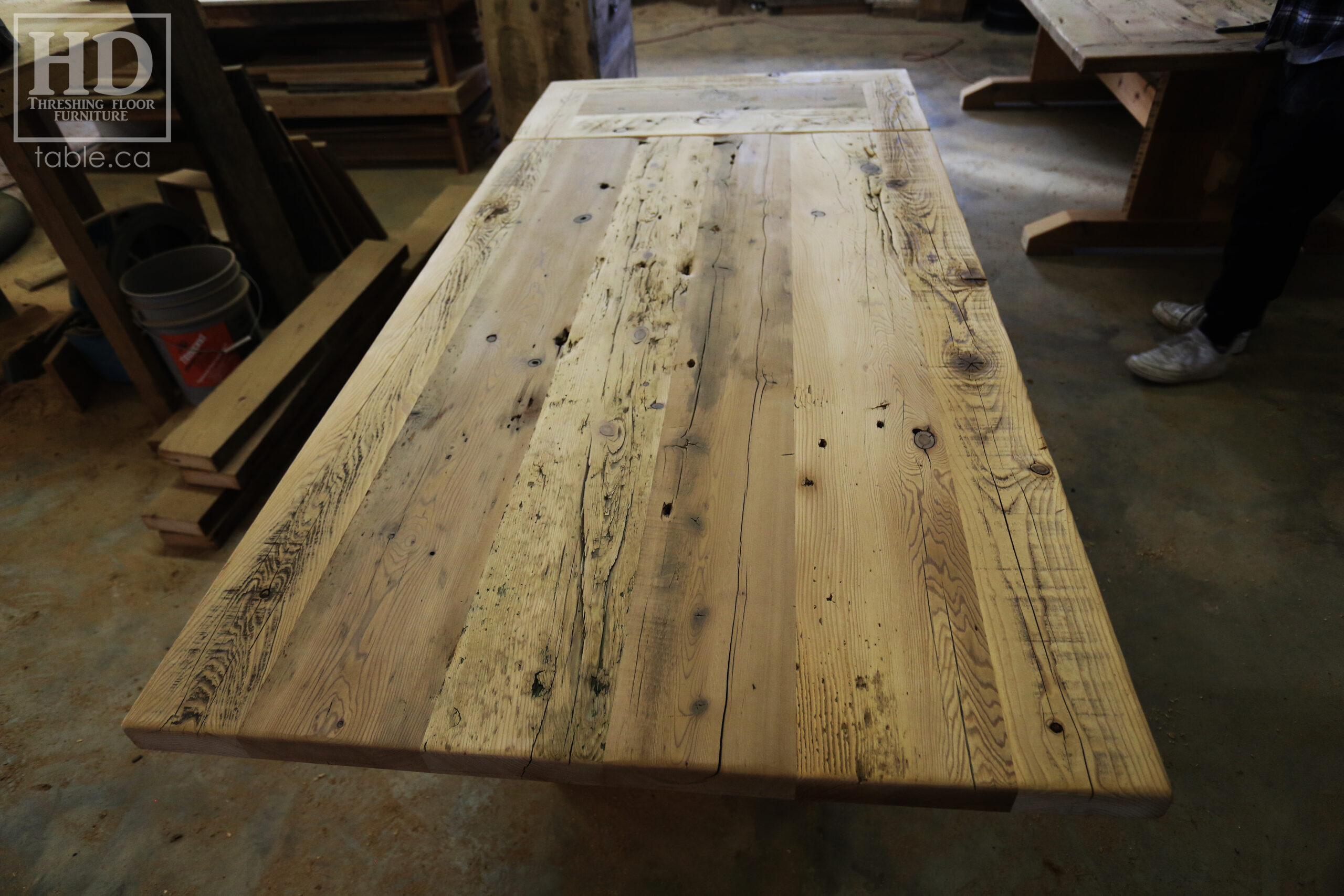 5' Reclaimed Ontario Barnwood Table we made for a Brampton Home - 38" wide - Plank Base Option - Old Growth Hemlock Threshing Floor Construction - Original edges & distressing maintained - Premium epoxy + satin polyurethane finish - No breadboard ends option - One 18" Leaf - www.table.ca