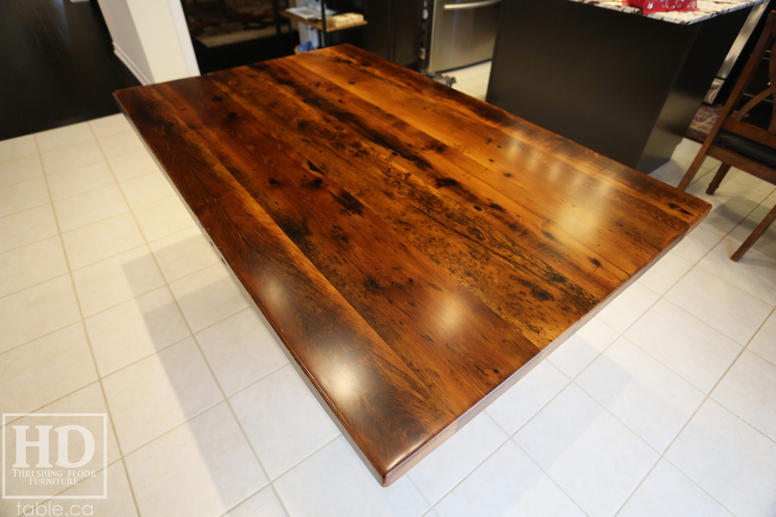 5' Reclaimed Ontario Barnwood Table we made for a Brampton Home - 38" wide - Plank Base Option - Old Growth Hemlock Threshing Floor Construction - Original edges & distressing maintained - Premium epoxy + satin polyurethane finish - No breadboard ends option - One 18" Leaf - www.table.ca


