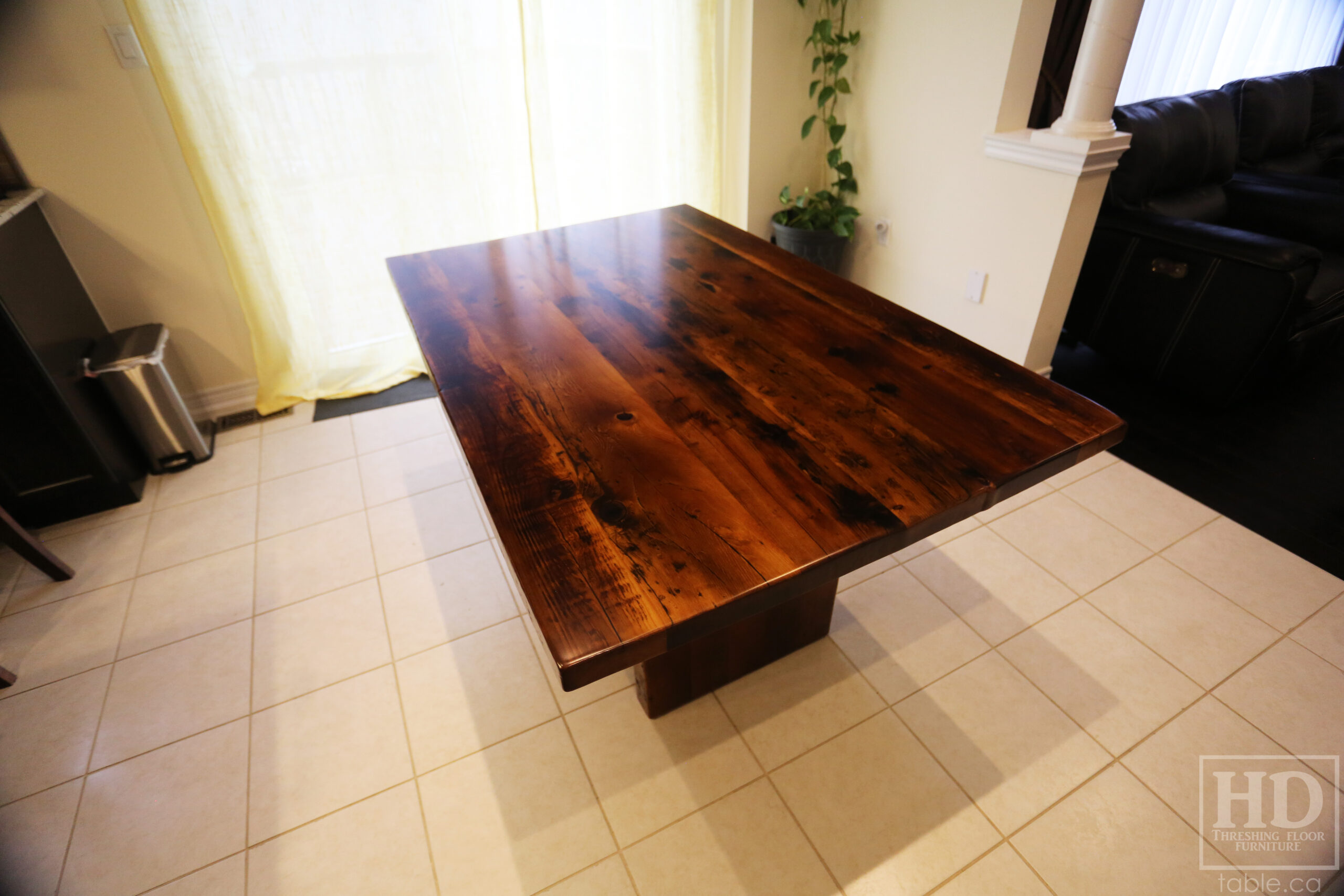 5' Reclaimed Ontario Barnwood Table we made for a Brampton Home - 38" wide - Plank Base Option - Old Growth Hemlock Threshing Floor Construction - Original edges & distressing maintained - Premium epoxy + satin polyurethane finish - No breadboard ends option - One 18" Leaf - www.table.ca