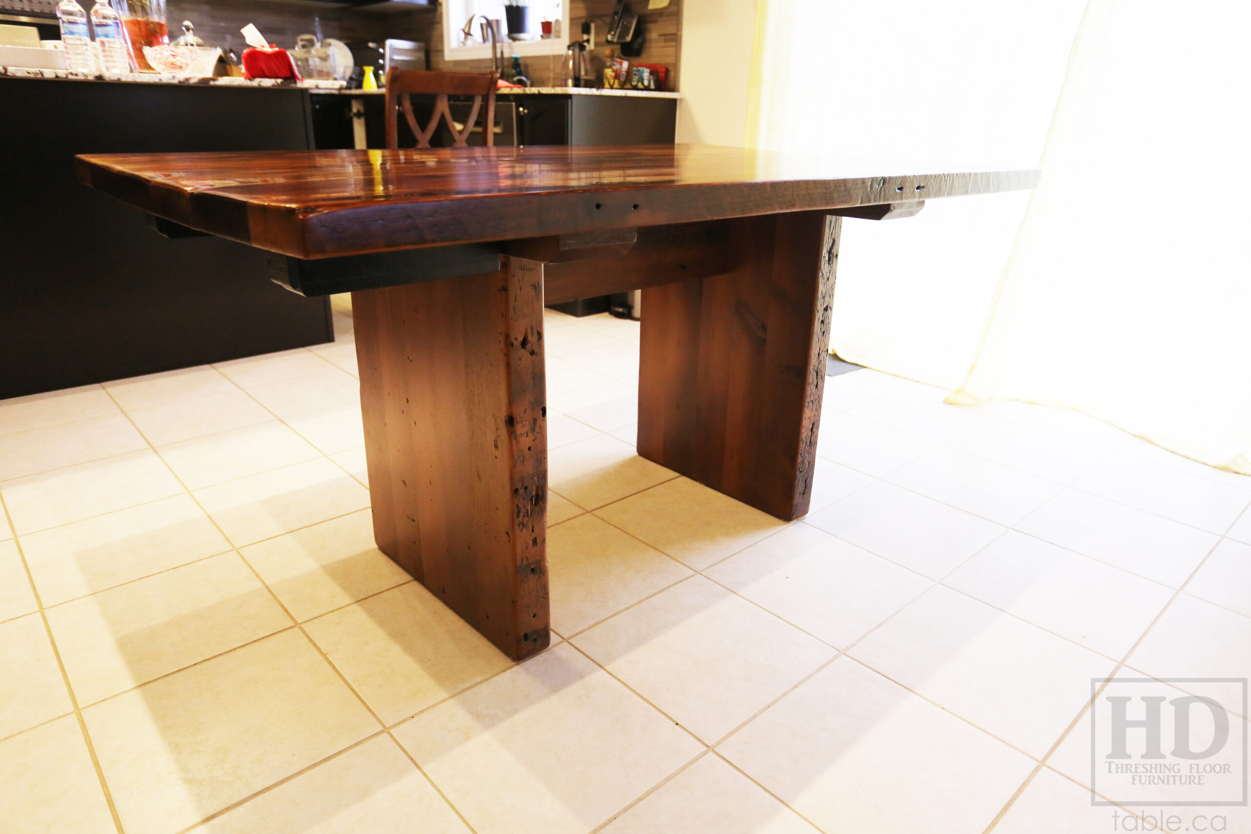 5' Reclaimed Ontario Barnwood Table we made for a Brampton Home - 38" wide - Plank Base Option - Old Growth Hemlock Threshing Floor Construction - Original edges & distressing maintained - Premium epoxy + satin polyurethane finish - No breadboard ends option - One 18" Leaf - www.table.ca