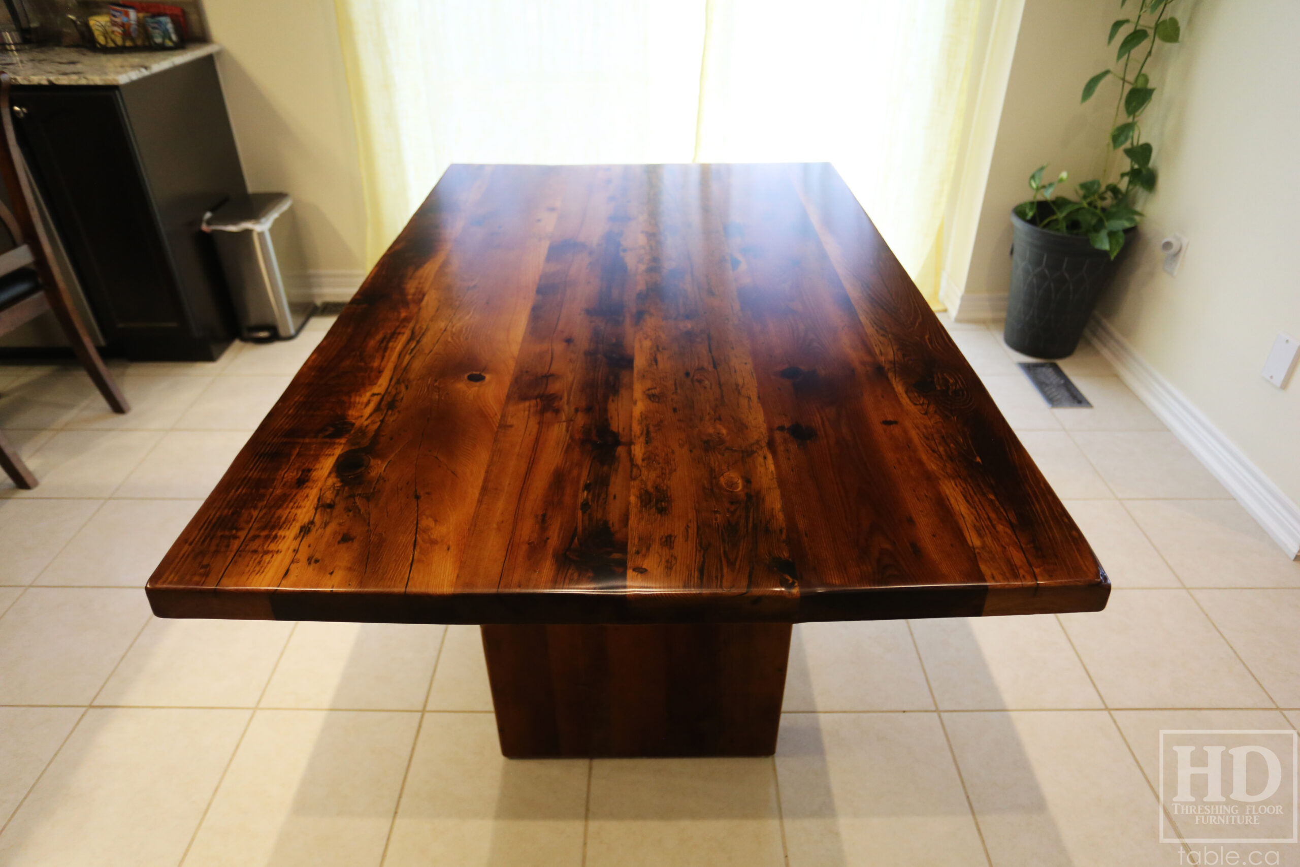 5' Reclaimed Ontario Barnwood Table we made for a Brampton Home - 38" wide - Plank Base Option - Old Growth Hemlock Threshing Floor Construction - Original edges & distressing maintained - Premium epoxy + satin polyurethane finish - No breadboard ends option - One 18" Leaf - www.table.ca