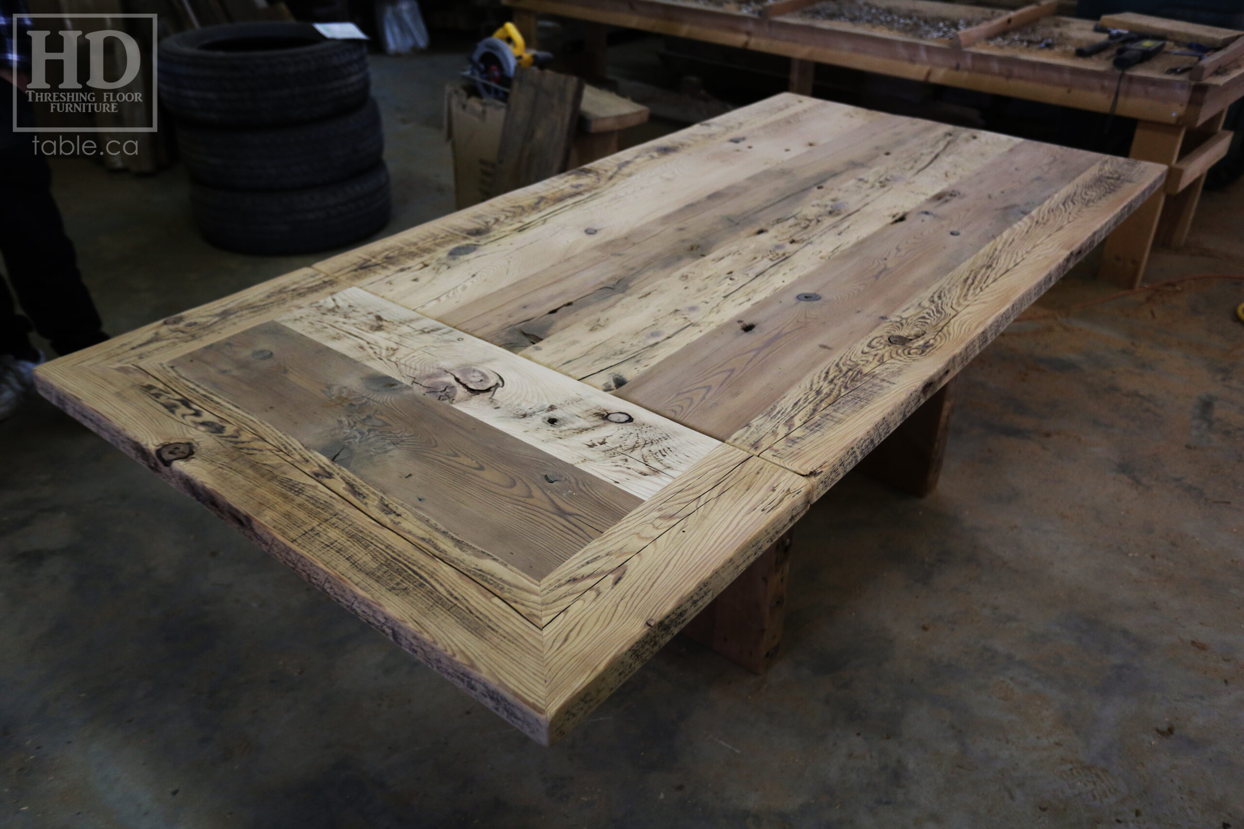 5' Reclaimed Ontario Barnwood Table we made for a Brampton Home - 38" wide - Plank Base Option - Old Growth Hemlock Threshing Floor Construction - Original edges & distressing maintained - Premium epoxy + satin polyurethane finish - No breadboard ends option - One 18" Leaf - www.table.ca