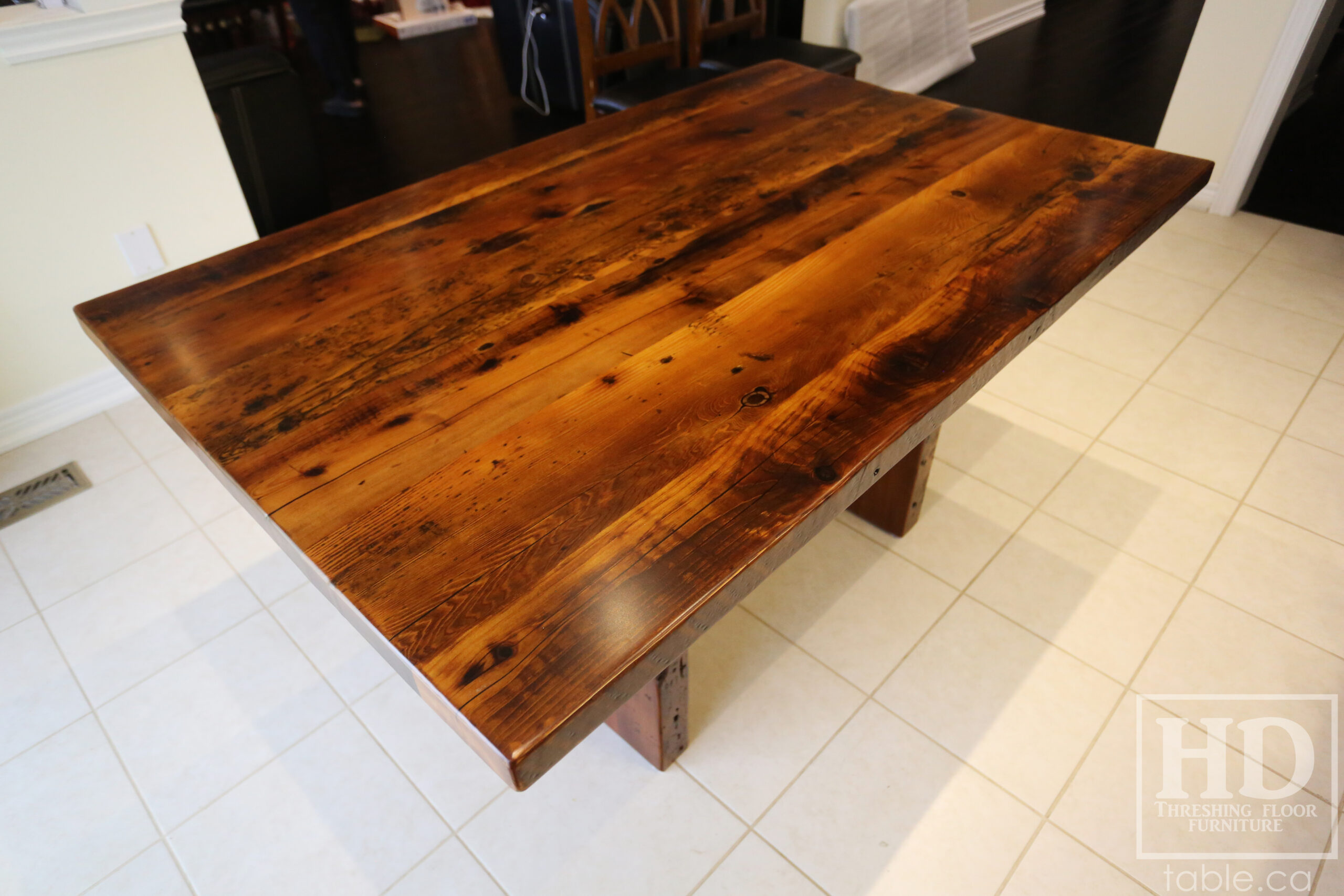 5' Reclaimed Ontario Barnwood Table we made for a Brampton Home - 38" wide - Plank Base Option - Old Growth Hemlock Threshing Floor Construction - Original edges & distressing maintained - Premium epoxy + satin polyurethane finish - No breadboard ends option - One 18" Leaf - www.table.ca