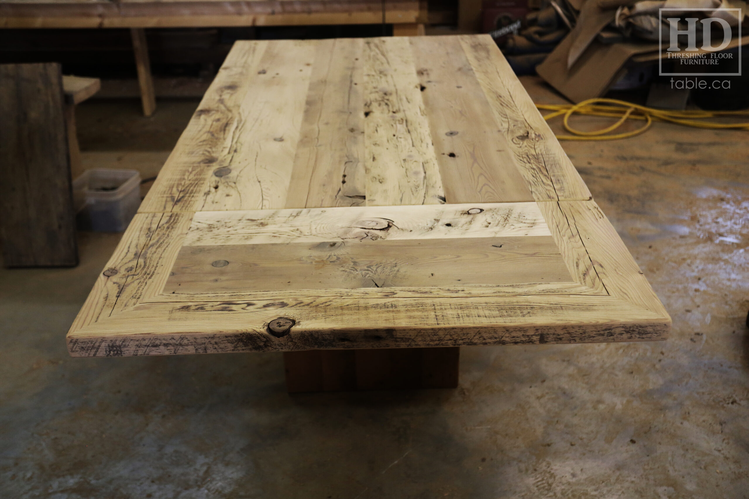 5' Reclaimed Ontario Barnwood Table we made for a Brampton Home - 38" wide - Plank Base Option - Old Growth Hemlock Threshing Floor Construction - Original edges & distressing maintained - Premium epoxy + satin polyurethane finish - No breadboard ends option - One 18" Leaf - www.table.ca