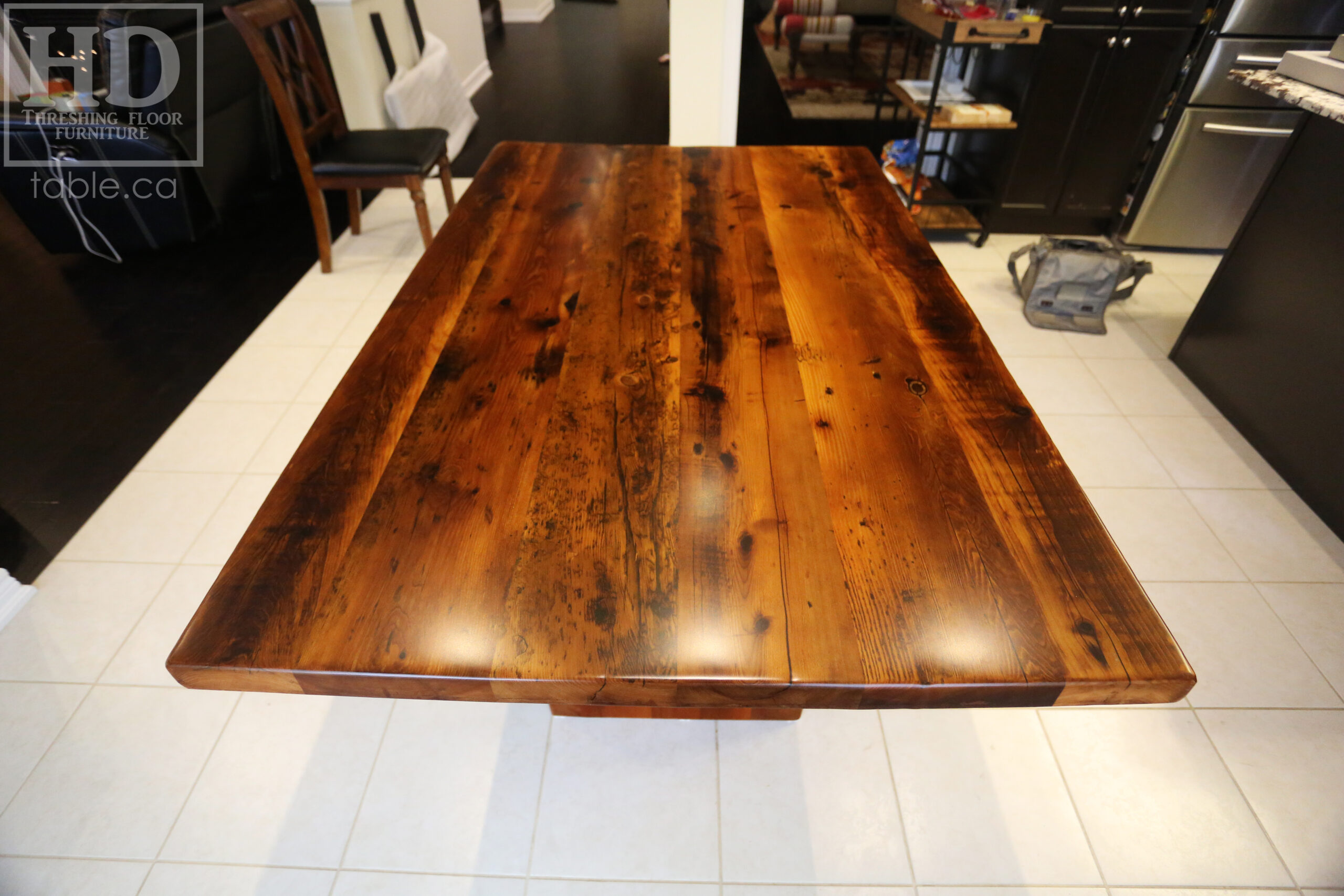 5' Reclaimed Ontario Barnwood Table we made for a Brampton Home - 38" wide - Plank Base Option - Old Growth Hemlock Threshing Floor Construction - Original edges & distressing maintained - Premium epoxy + satin polyurethane finish - No breadboard ends option - One 18" Leaf - www.table.ca