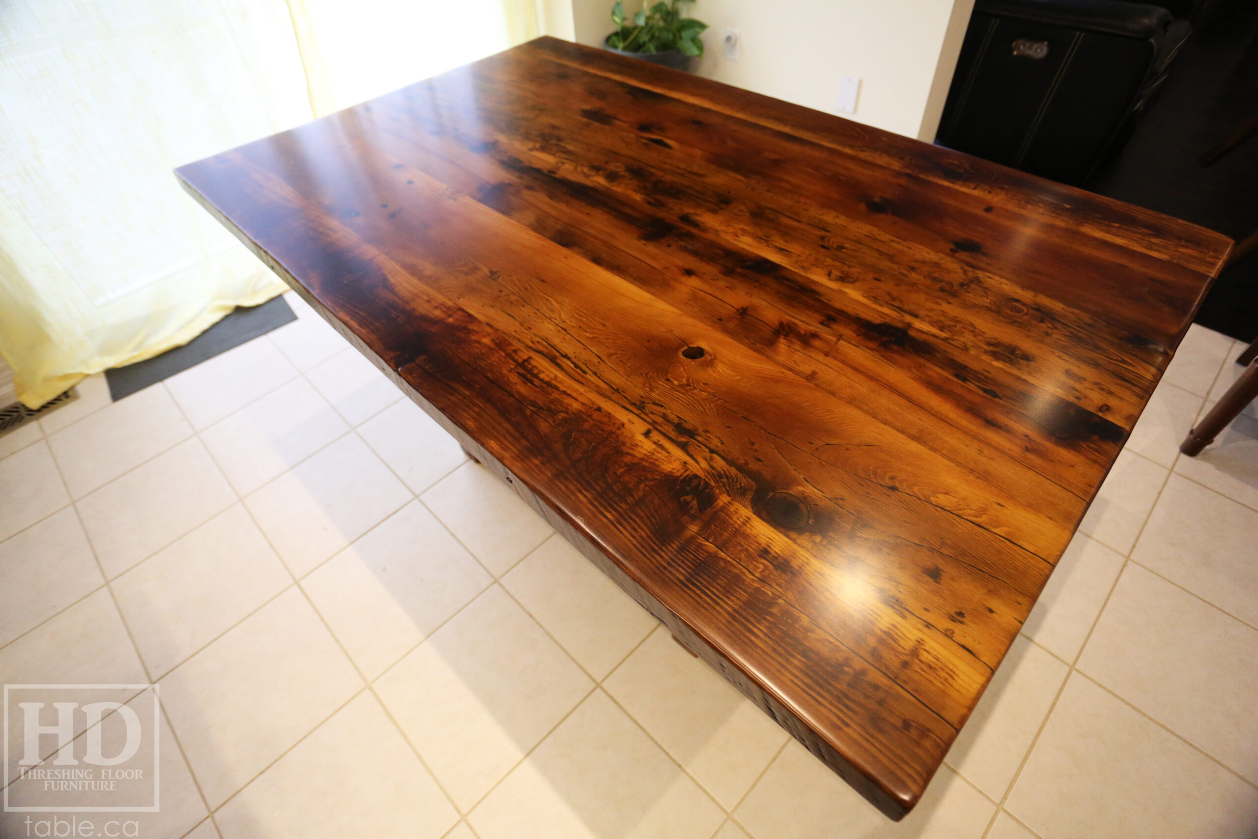 5' Reclaimed Ontario Barnwood Table we made for a Brampton Home - 38" wide - Plank Base Option - Old Growth Hemlock Threshing Floor Construction - Original edges & distressing maintained - Premium epoxy + satin polyurethane finish - No breadboard ends option - One 18" Leaf - www.table.ca