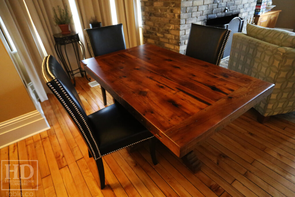 5' Ontario Barnwood Pedestal Table we made for an Ayr home - 36" wide - 3" Joist Beam Top Option - Hand Hewn Beam Pedestal Post / Curved Profile Feet Option - Hemlock Threshing Floor Construction - Original edges & distressing maintained - Premium epoxy + matte polyurethane finish - [2] 18" Leaves / www.table.ca