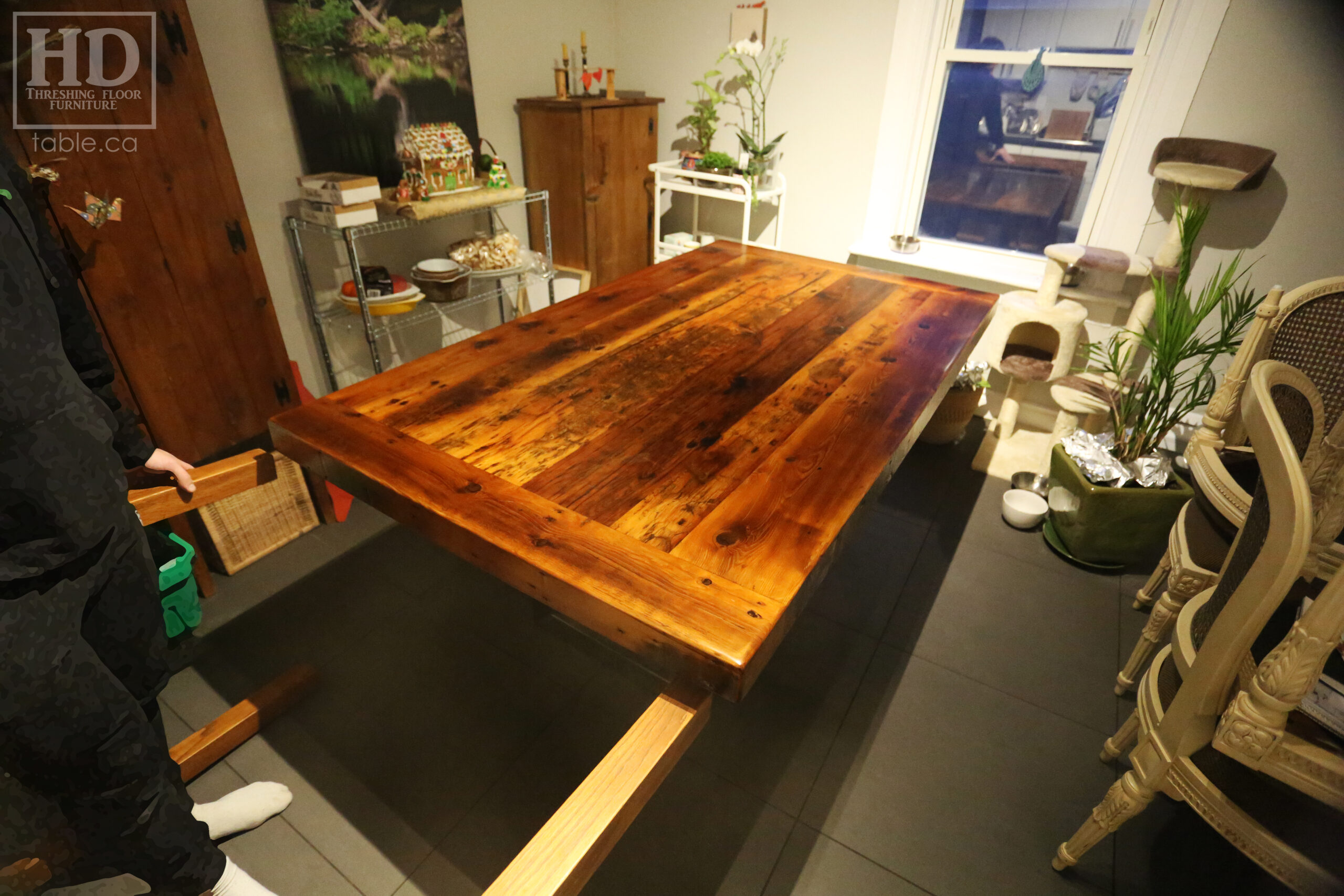 6' Reclaimed Ontario Barnwood Table we made for a Guelph home - 42" wide - 3" Joist Material Top Option - Metal U Shaped Stainless Base - Old Growth Hemlock Threshing Floor Construction - Original edges & distressing maintained - Premium epoxy + satin polyurethane finish - www.table.ca