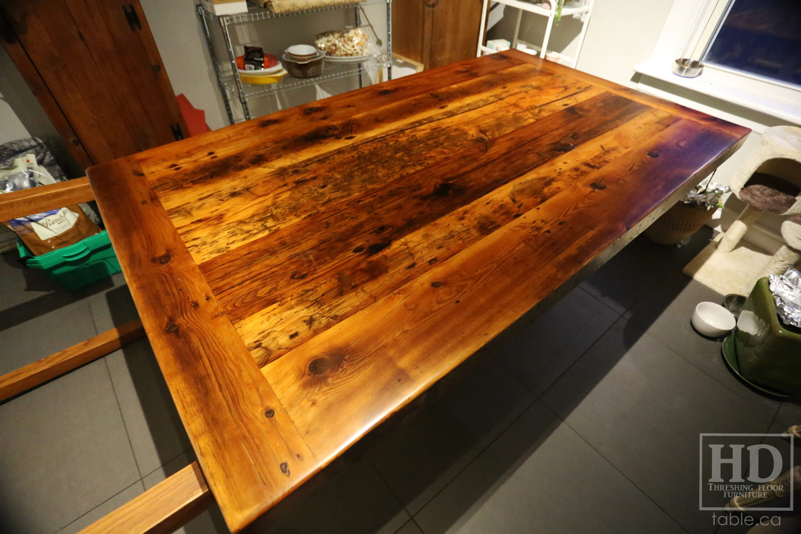 6' Reclaimed Ontario Barnwood Table we made for a Guelph home - 42" wide - 3" Joist Material Top Option - Metal U Shaped Stainless Base - Old Growth Hemlock Threshing Floor Construction - Original edges & distressing maintained - Premium epoxy + satin polyurethane finish - www.table.ca