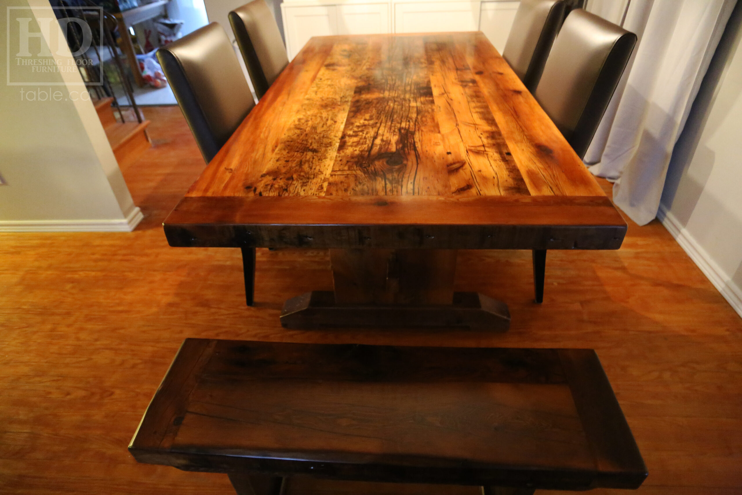7' Ontario Barnwood Table - 42" wide - Trestle Base - Reclaimed Hemlock Threshing Floor Construction - Original edges & distressing maintained - Premium epoxy + satin polyurethane finish - 3" Joist Material Top Option - [2] Matching 42" Trestle Benches - [4] Topgrain Leather Parsons Chairs / Brimstone - www.table.ca