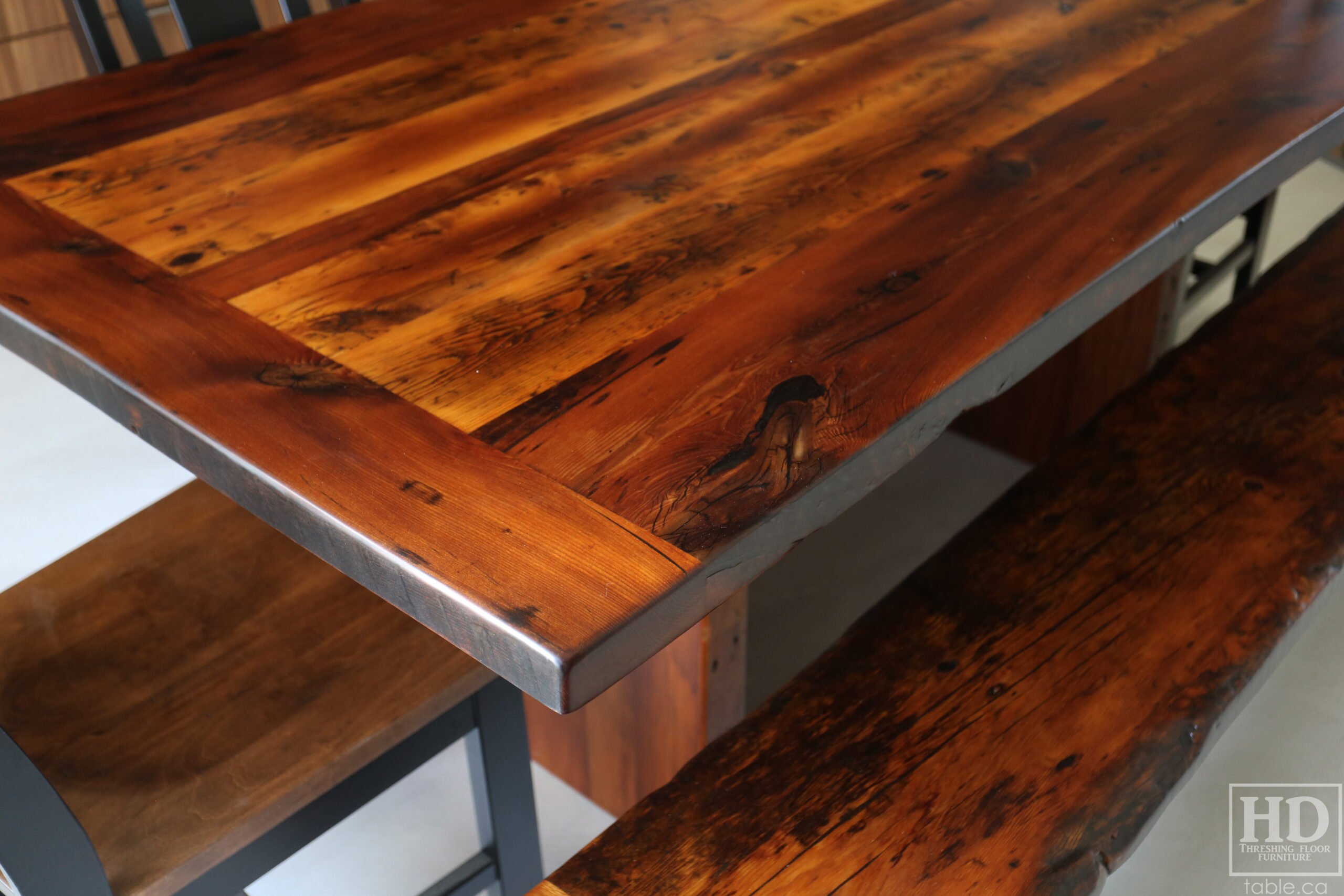 74" Reclaimed Ontario Barnwood Table - 48" wide - Plank Base Option - Old Growth Hemlock Threshing Floor Construction - Original edges & distressing maintained - Premium epoxy + matte polyurethane finish - 74" [matching] Plank Base Bench - 4 Modified Plank Back Chairs - 3 Saddle Stools - www.table.ca