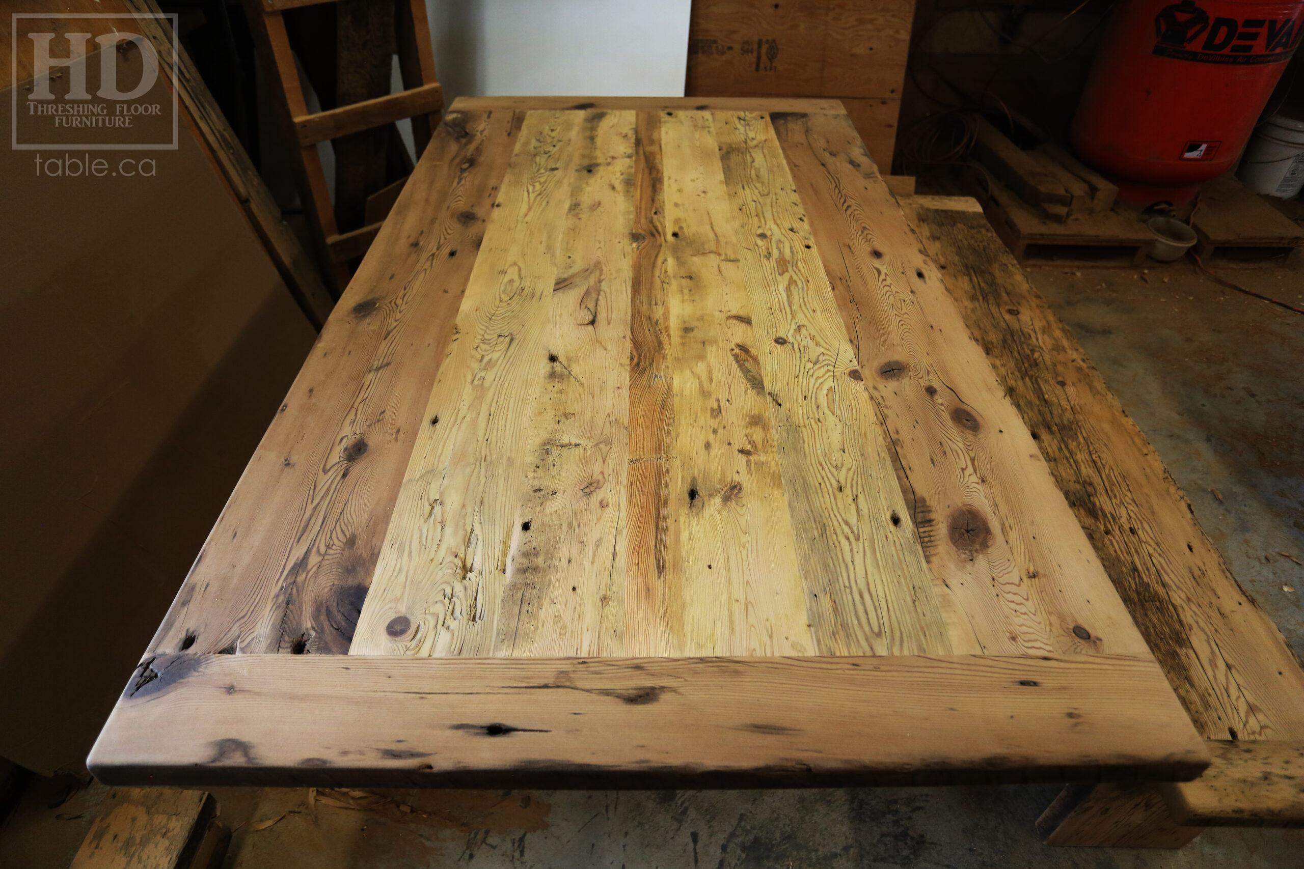 74" Reclaimed Ontario Barnwood Table - 48" wide - Plank Base Option - Old Growth Hemlock Threshing Floor Construction - Original edges & distressing maintained - Premium epoxy + matte polyurethane finish - 74" [matching] Plank Base Bench - 4 Modified Plank Back Chairs - 3 Saddle Stools - www.table.ca