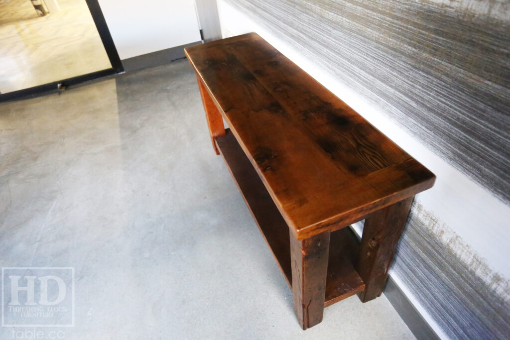 5' Ontario Barnwood Side/Console Table - 18" deep - 30" height - Straight 4"x4" Windbrace Beams Legs - Bottom 2" Grainery Board Shelf - Hemlock Threshing Floor 2" Top - Original edges & distressing maintained - Premium epoxy + satin polyurethane finish / www.table.ca