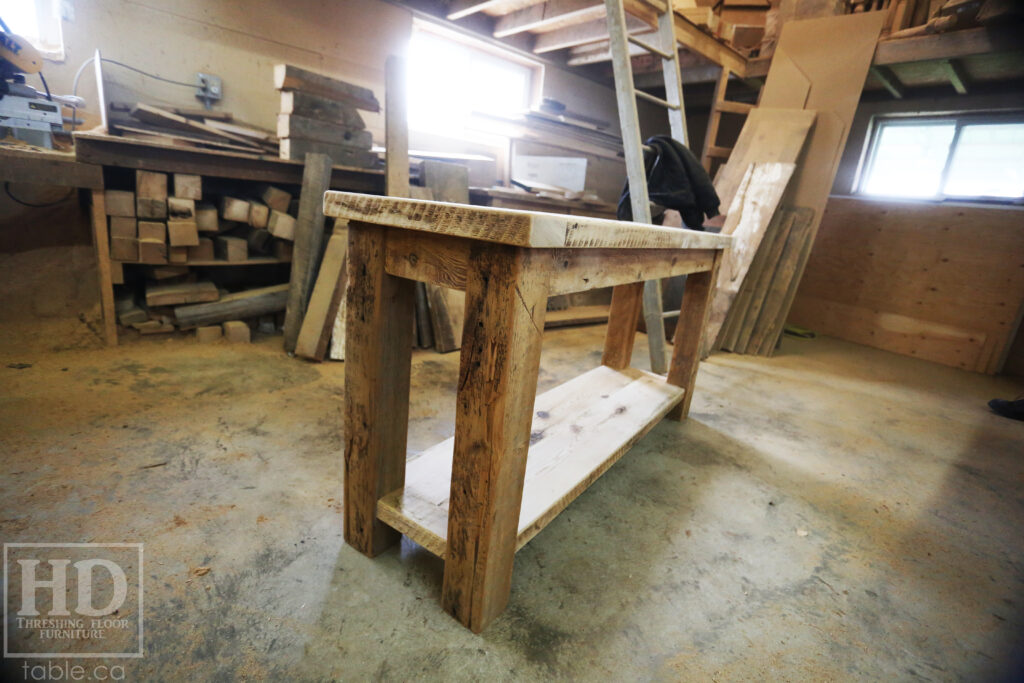 5' Ontario Barnwood Side/Console Table - 18" deep - 30" height - Straight 4"x4" Windbrace Beams Legs - Bottom 2" Grainery Board Shelf - Hemlock Threshing Floor 2" Top - Original edges & distressing maintained - Premium epoxy + satin polyurethane finish / www.table.ca