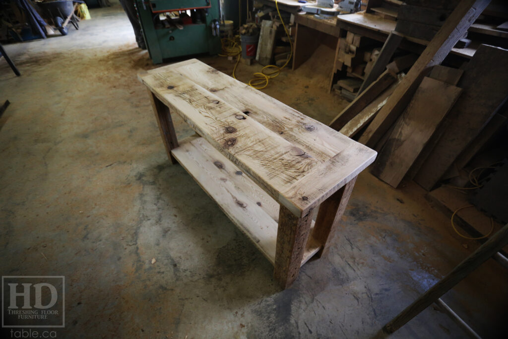 5' Ontario Barnwood Side/Console Table - 18" deep - 30" height - Straight 4"x4" Windbrace Beams Legs - Bottom 2" Grainery Board Shelf - Hemlock Threshing Floor 2" Top - Original edges & distressing maintained - Premium epoxy + satin polyurethane finish / www.table.ca