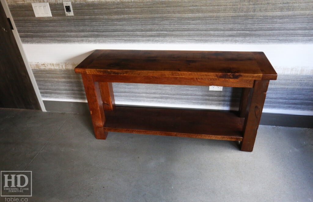 5' Ontario Barnwood Side/Console Table - 18" deep - 30" height - Straight 4"x4" Windbrace Beams Legs - Bottom 2" Grainery Board Shelf - Hemlock Threshing Floor 2" Top - Original edges & distressing maintained - Premium epoxy + satin polyurethane finish / www.table.ca