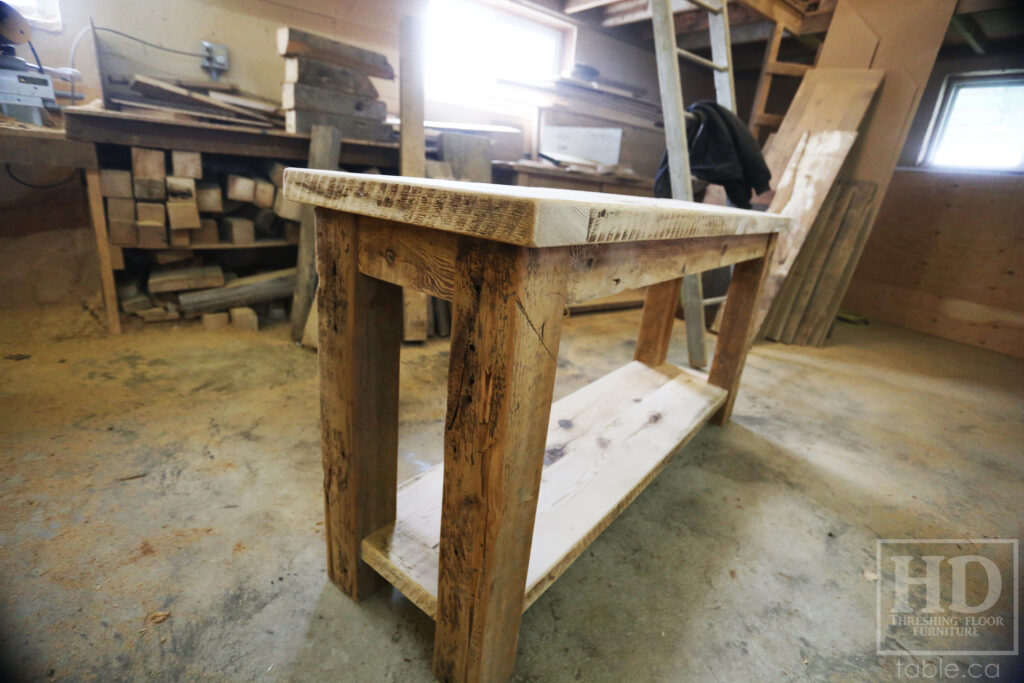 5' Ontario Barnwood Side/Console Table - 18" deep - 30" height - Straight 4"x4" Windbrace Beams Legs - Bottom 2" Grainery Board Shelf - Hemlock Threshing Floor 2" Top - Original edges & distressing maintained - Premium epoxy + satin polyurethane finish / www.table.ca