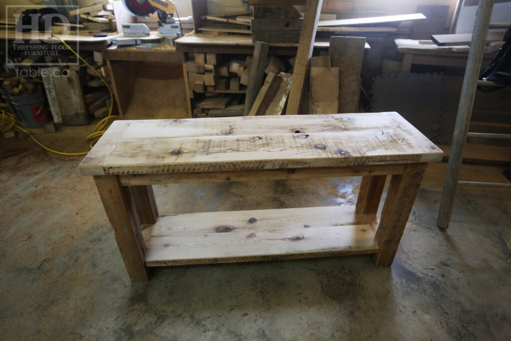 5' Ontario Barnwood Side/Console Table - 18" deep - 30" height - Straight 4"x4" Windbrace Beams Legs - Bottom 2" Grainery Board Shelf - Hemlock Threshing Floor 2" Top - Original edges & distressing maintained - Premium epoxy + satin polyurethane finish / www.table.ca