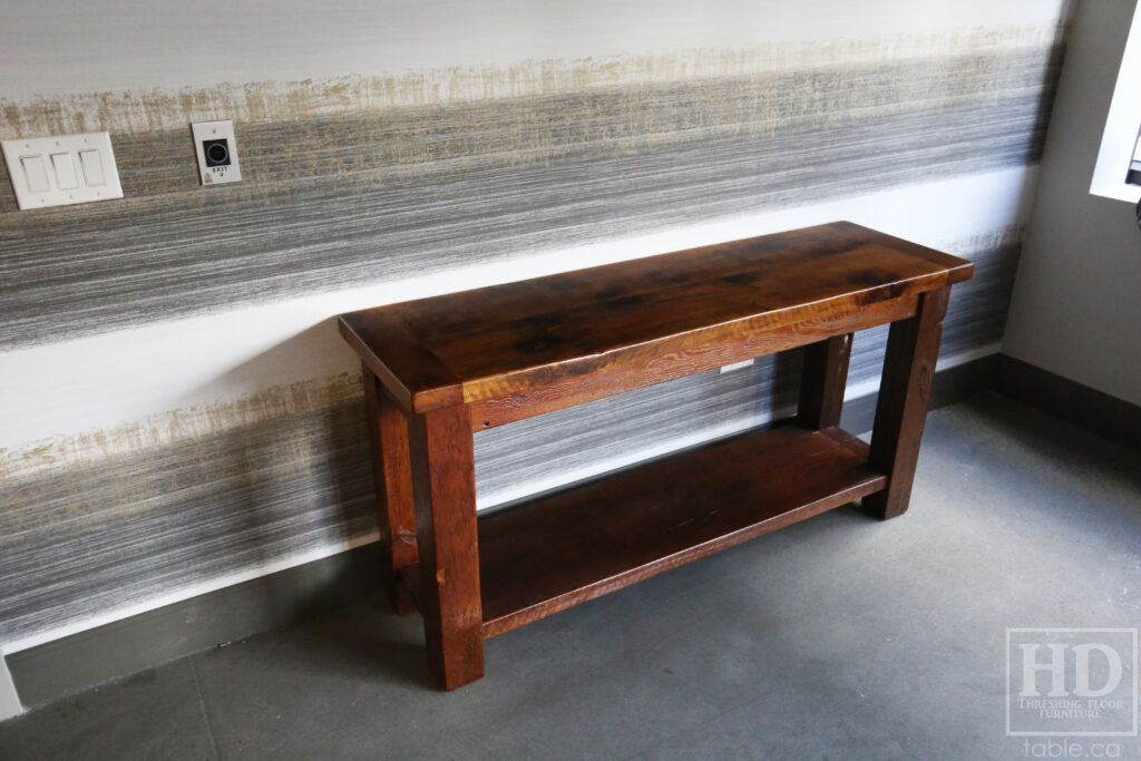 5' Ontario Barnwood Side/Console Table - 18" deep - 30" height - Straight 4"x4" Windbrace Beams Legs - Bottom 2" Grainery Board Shelf - Hemlock Threshing Floor 2" Top - Original edges & distressing maintained - Premium epoxy + satin polyurethane finish / www.table.ca