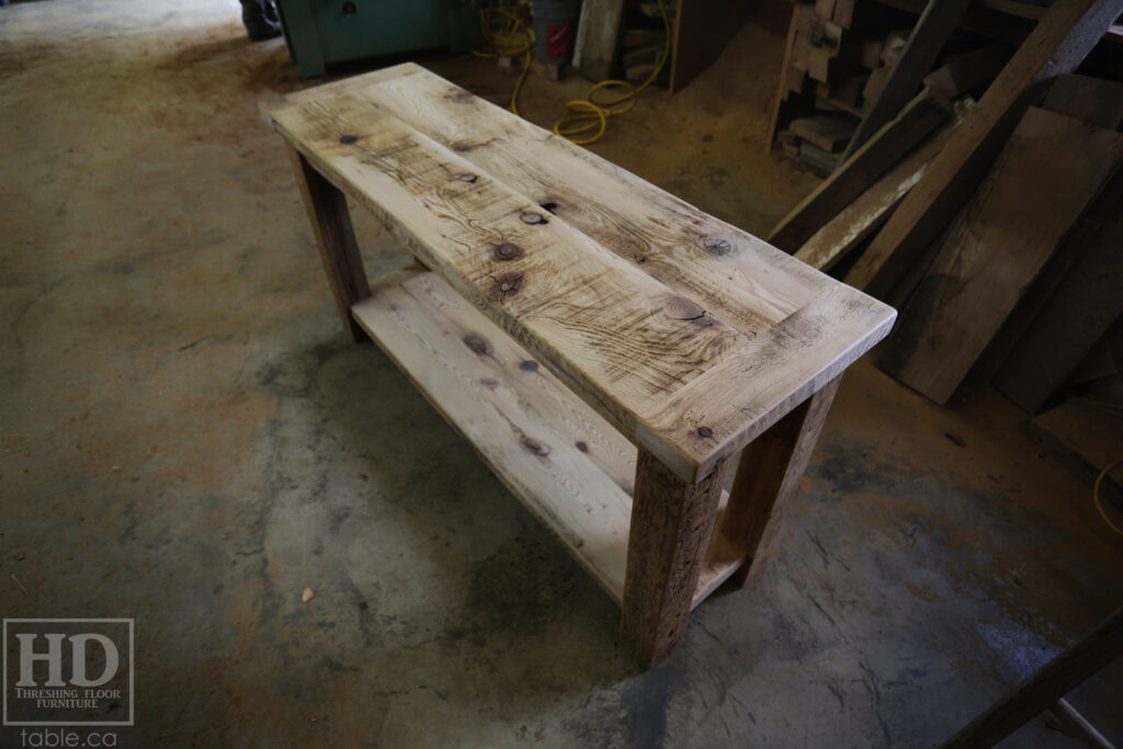 5' Ontario Barnwood Side/Console Table - 18" deep - 30" height - Straight 4"x4" Windbrace Beams Legs - Bottom 2" Grainery Board Shelf - Hemlock Threshing Floor 2" Top - Original edges & distressing maintained - Premium epoxy + satin polyurethane finish / www.table.ca