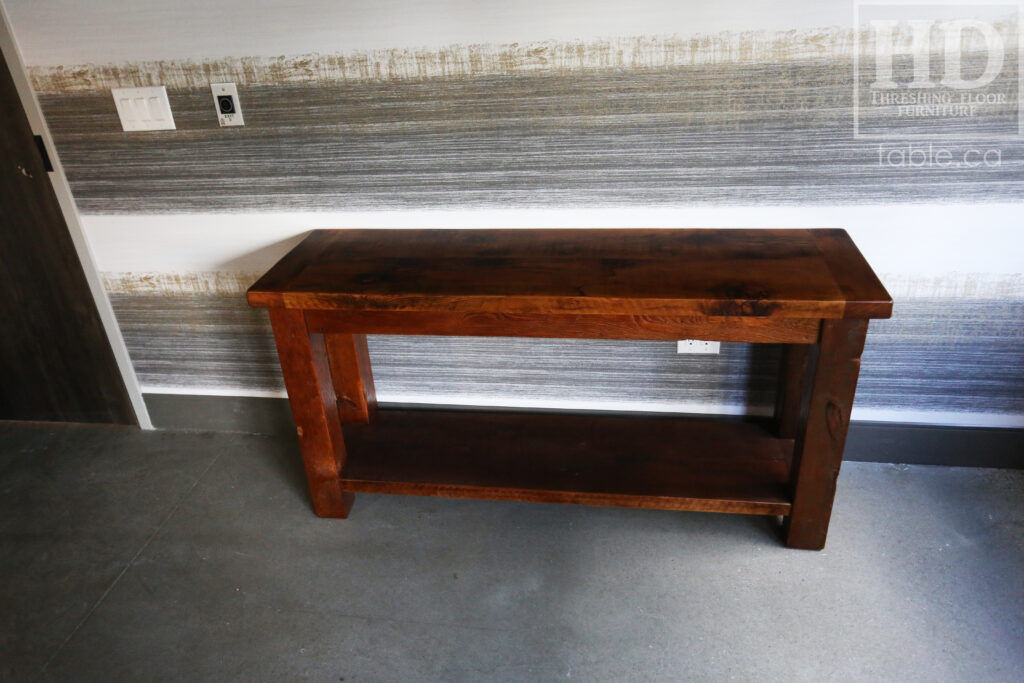 5' Ontario Barnwood Side/Console Table - 18" deep - 30" height - Straight 4"x4" Windbrace Beams Legs - Bottom 2" Grainery Board Shelf - Hemlock Threshing Floor 2" Top - Original edges & distressing maintained - Premium epoxy + satin polyurethane finish / www.table.ca